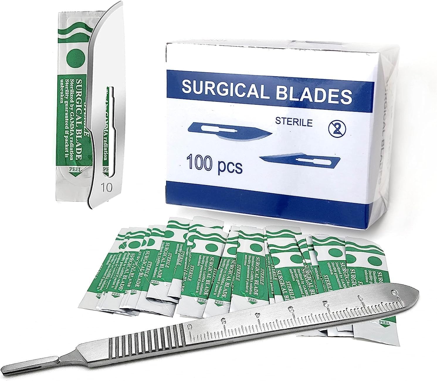 A2Z SCILAB 100 Boxes of 100/pk Sterile Carbon Steel Blades #10 with Free Scalpel Handle #3