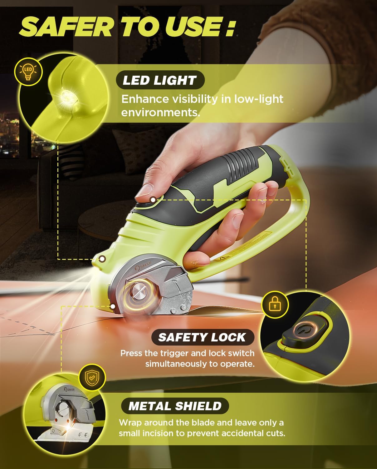 Close-up of the Saker Cordless Electric Box Cutter highlighting the safety lock button and the LED light.