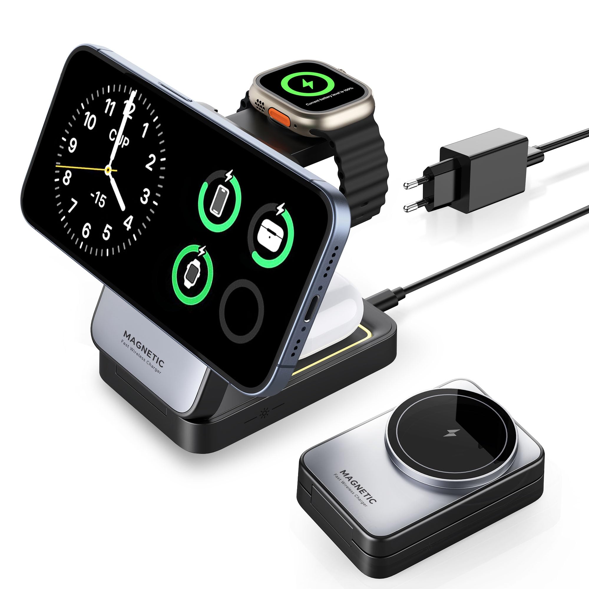 Stazione di Ricarica 3 in 1 Compatibile con MagSafe, Magnetica Caricatore Wireless,Caricabatterie Magnetico Compatibile con iPhone Serie 6/15/14/13/12 Série, AirPods 2/3/Pro, Apple Watch
