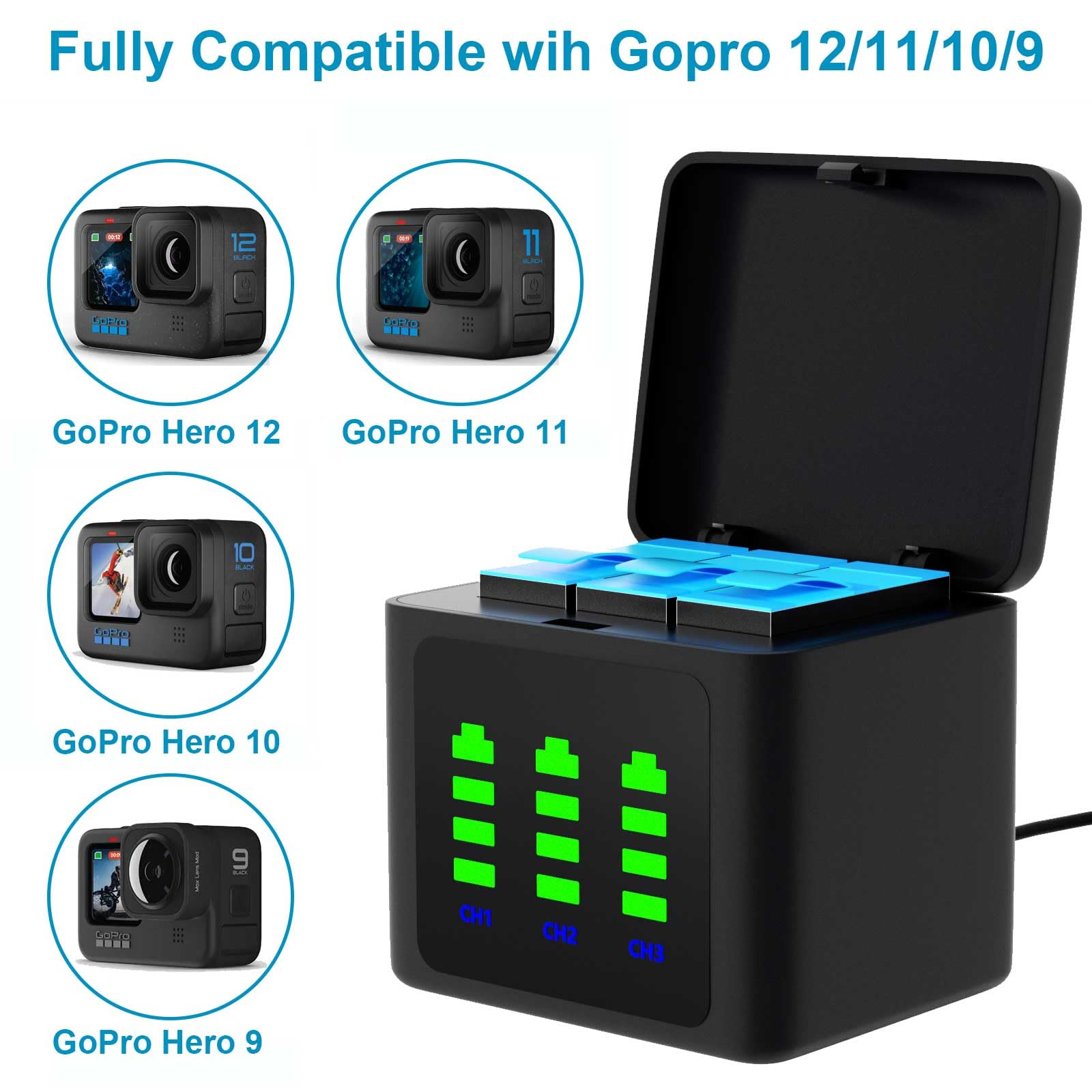 Caricabatterie 3-in-1 Per GoPro Hero 12/11/10/9 - Ricarica Veloce, Inversione E Storage