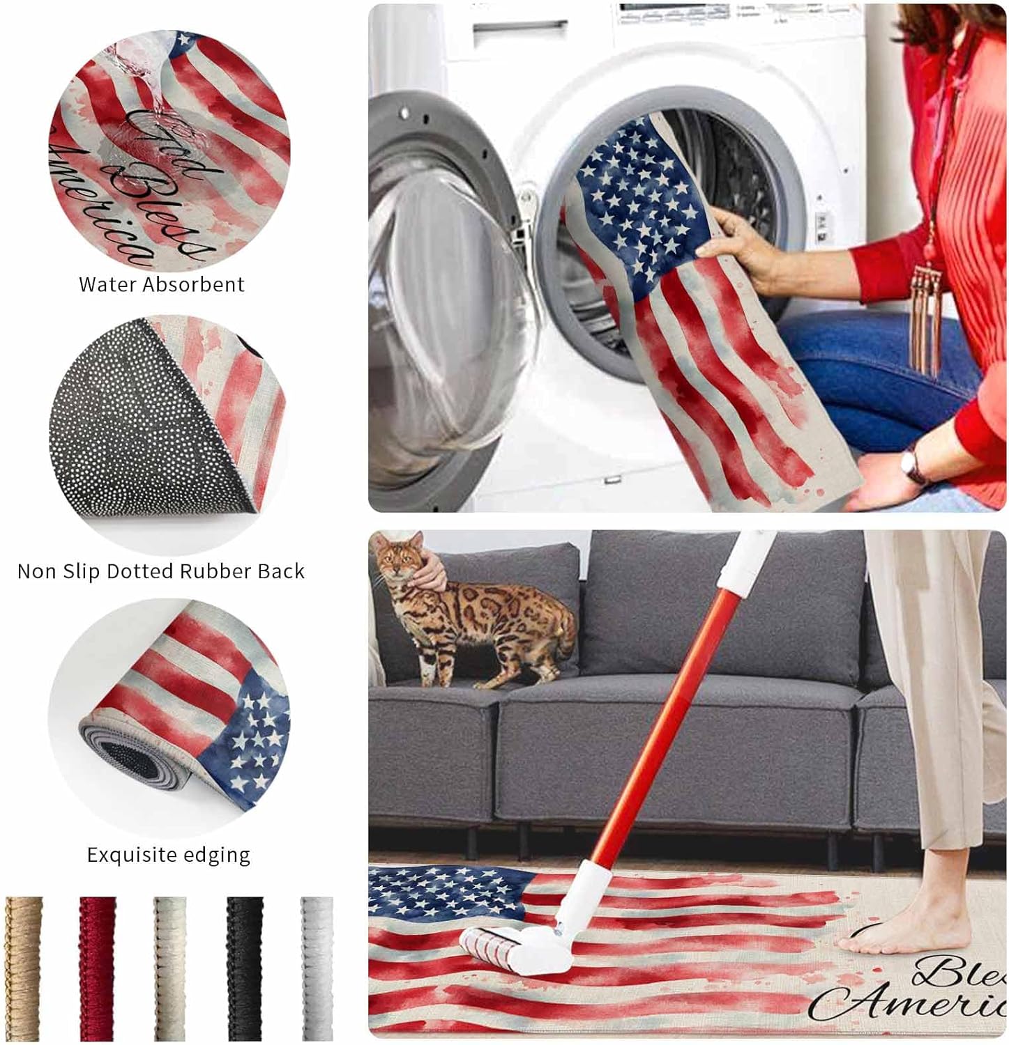 2 Pieces Kitchen Rugs and Mats,4th of July Vintage Linen USA Flag Area Runner Rug Set Non Slip Floor Doormat Washable Carpet Standing Mat for Kitchen Sink Indoor Corridor,American Star Stripe Theme