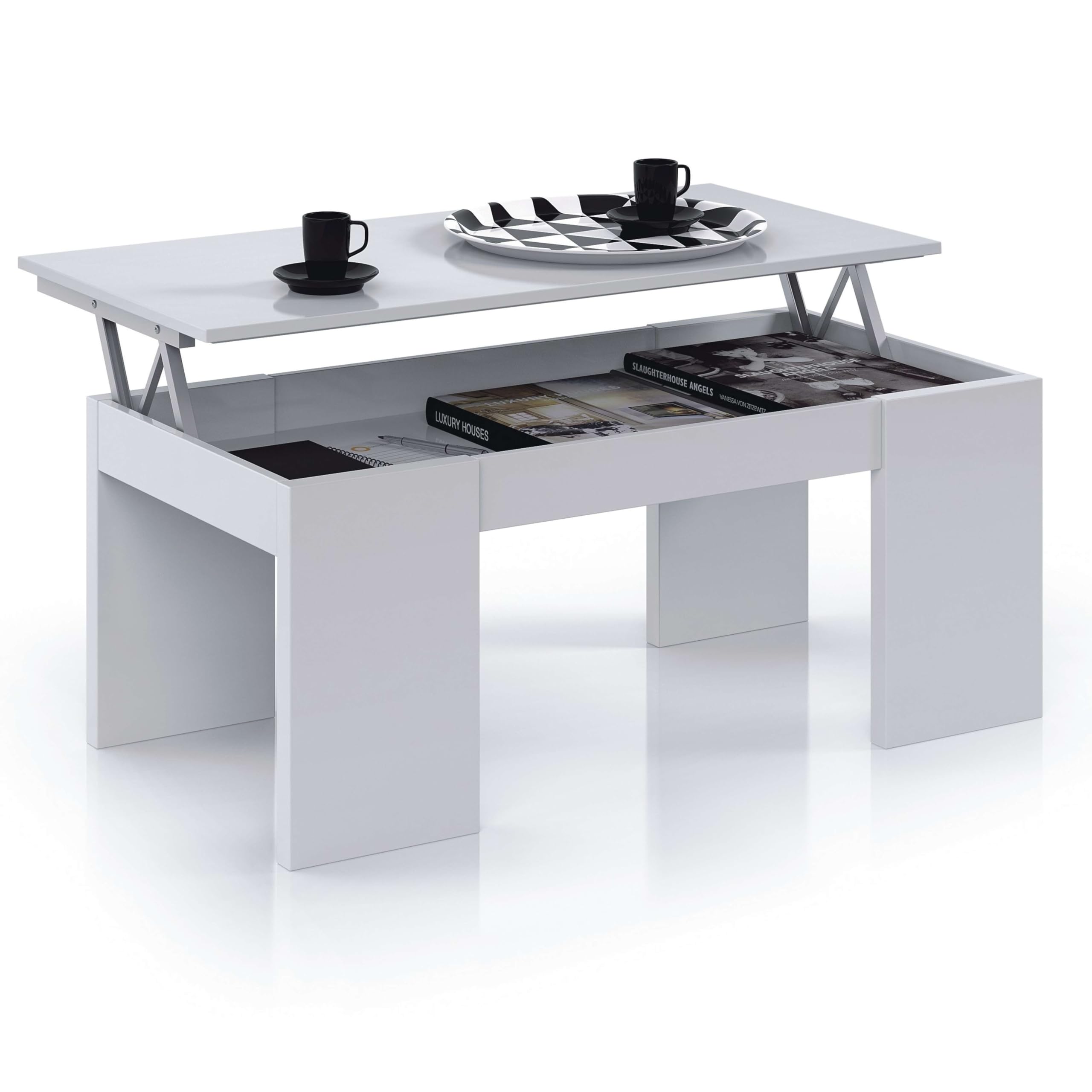 Miroytengo Mesa de Centro salón Comedor elevable Kendra Blanco Brillo 43x100x50 cm