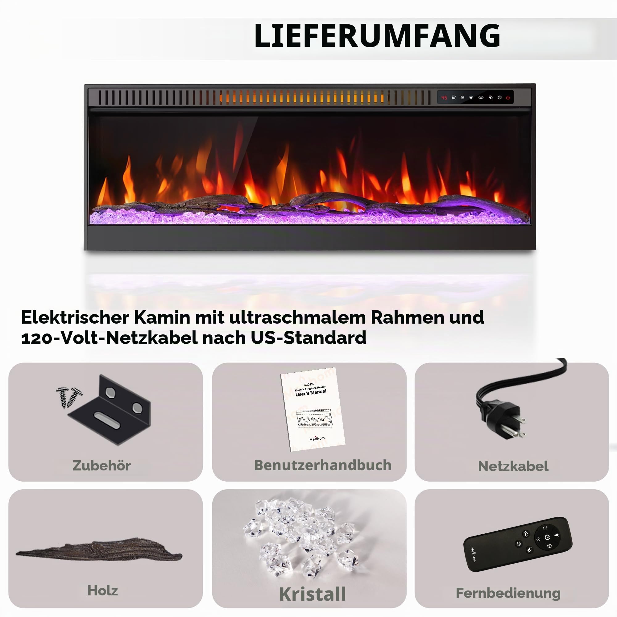 3D Elektrokamin für ganzjährig Gemütlichkeit | Sommer-Deko | 6 Flammenfarben per Fernbedienung 36IN，Nicht erhitzt