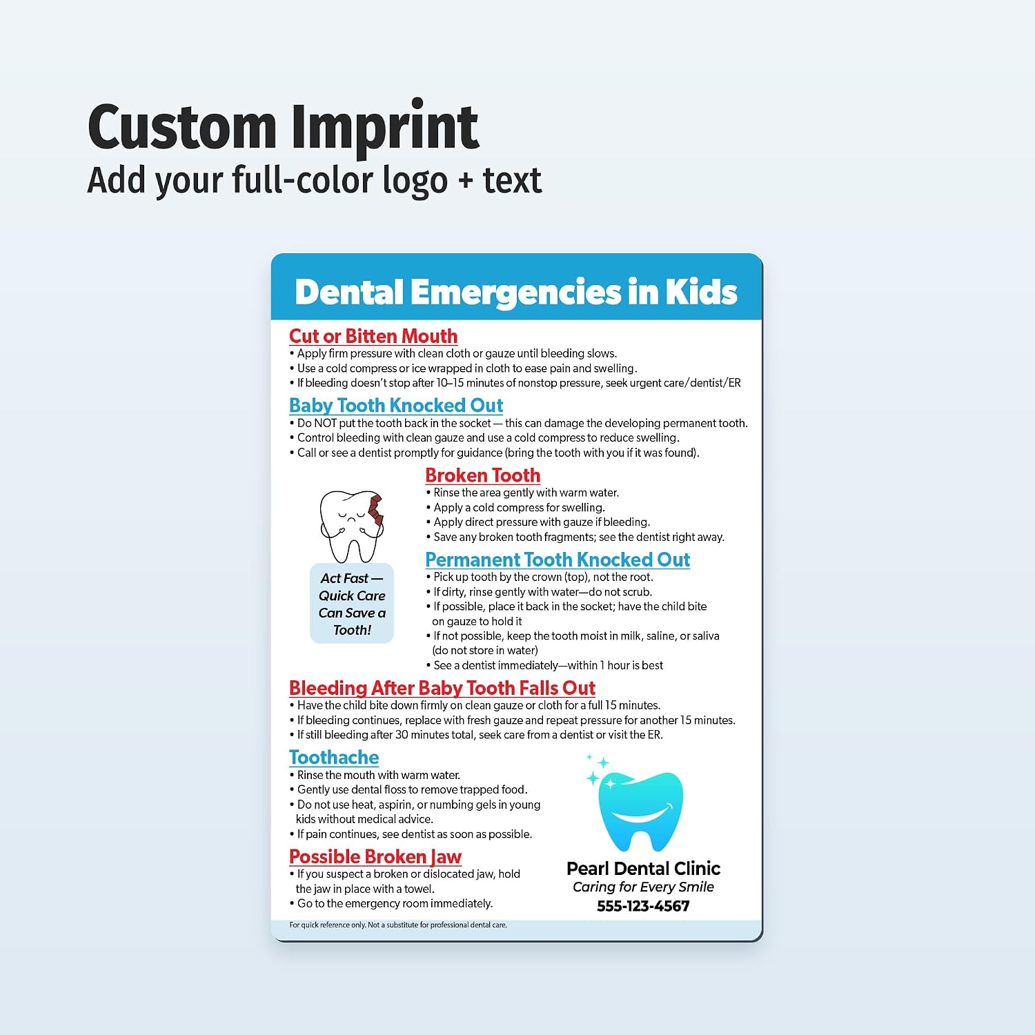 Safety Magnets by ZOCO – 100-Pack Custom Child Dental Emergency Magnets – Personalized with Logo and Text – Promotional Handout for Pediatric Dentists – 5"x7"
