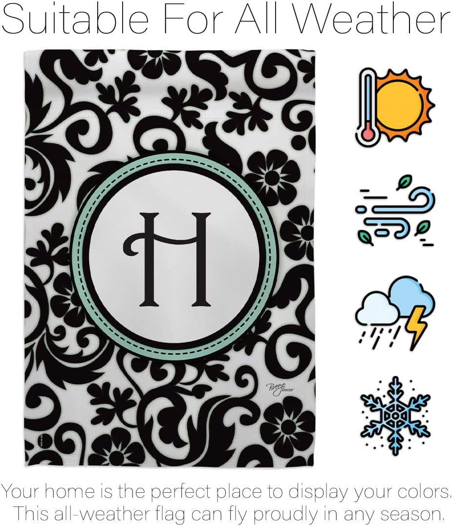 Breeze Decor Damask H Initial Garden House Flag - Kit Monogram Country Living Simply Beauty Floral Vintage Letter Everday Classic - Decoration Banner Small Yard Gift Double-Sided Made in USA 28 X 40
