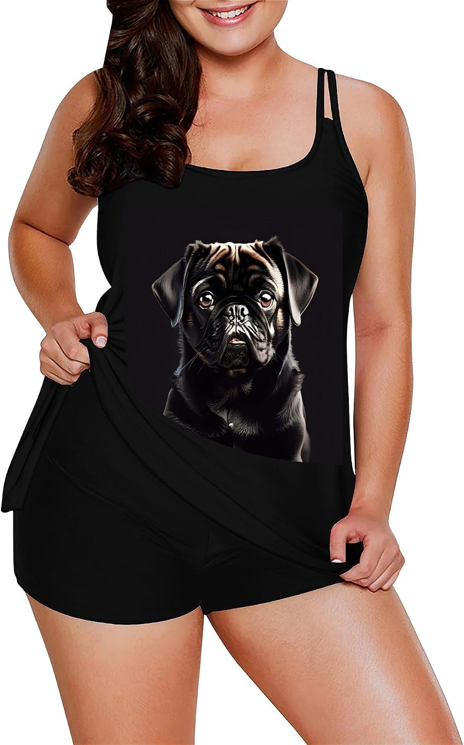 Cute Black Pug Dog Tankini Swimsuits for Women Tummy Control Two Piece Bathing Suits Swim Tops with Boy Shorts