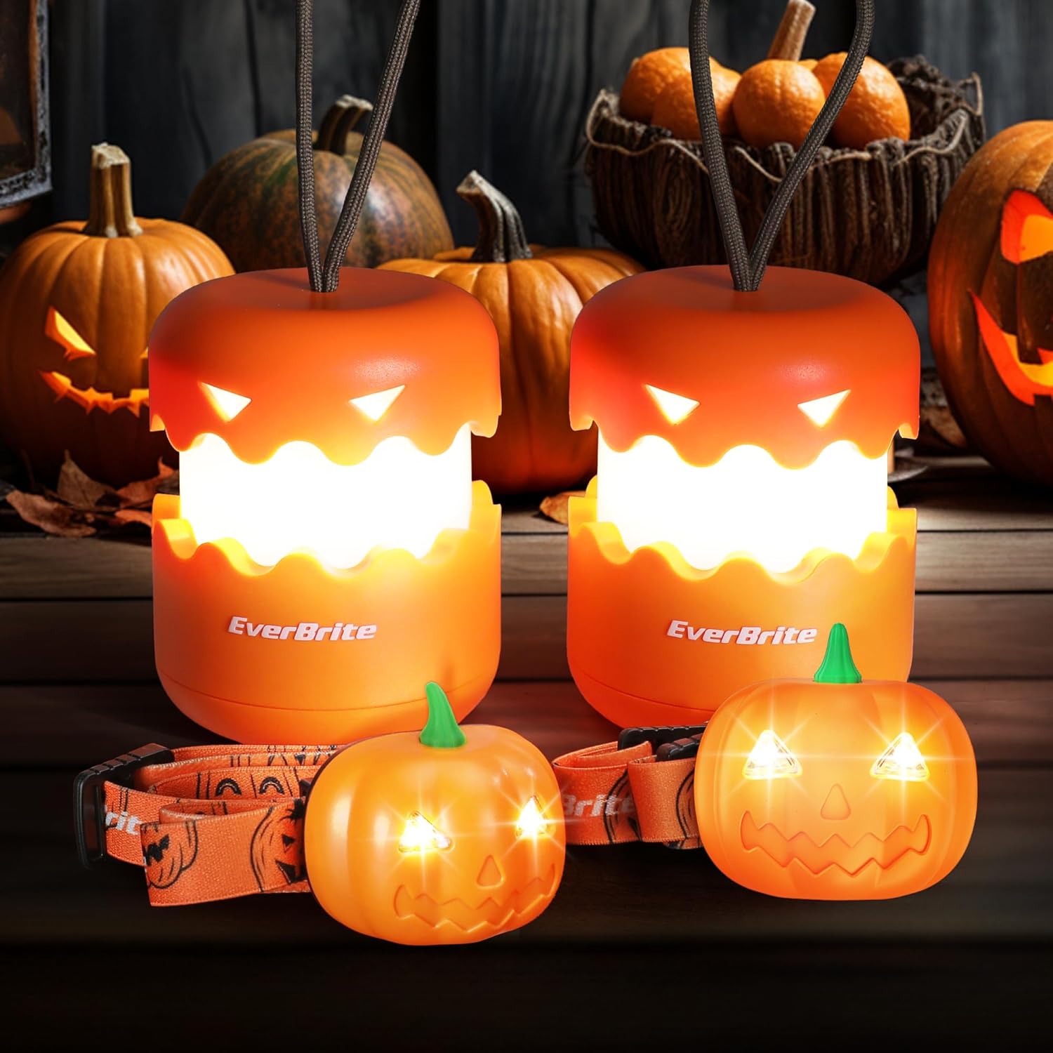 EverBrite Halloween Pumpkin Lantern and Headlamp Set(2 of Each), Collapsible Outdoor Lantern with Lanyard,2 Modes LED Pumpkin Head Lamp,Halloween Gifts for Halloween Party Decoration, Battery Included