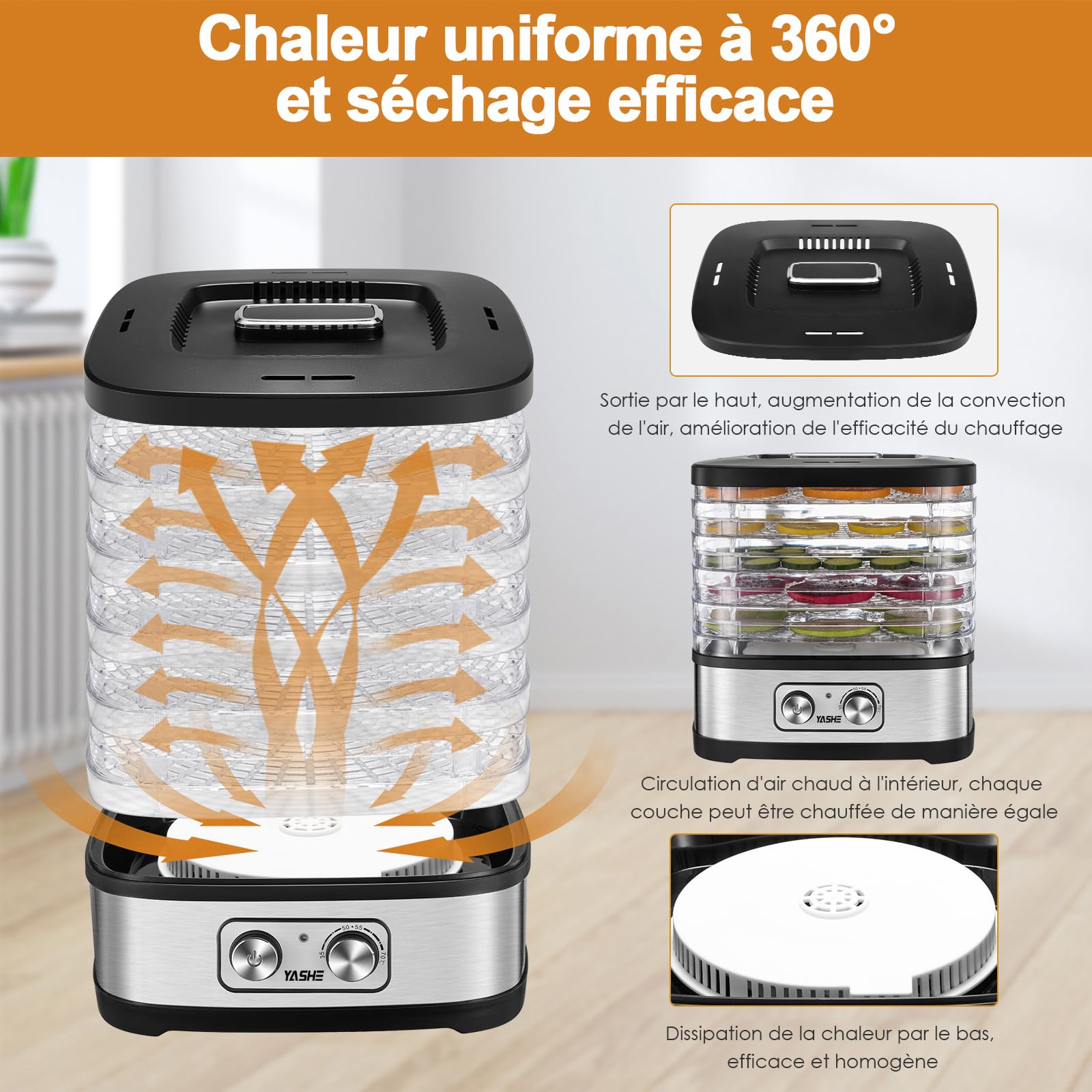 YASHE GGJ-261A Déshydrateur Alimentaire, 5 Plateaux Réglables en Hauteur, Contrôle de la Température de 35 à 70°C, Deshydrateur de 240 Watts pour Fruits et Légumes, Sans BPA