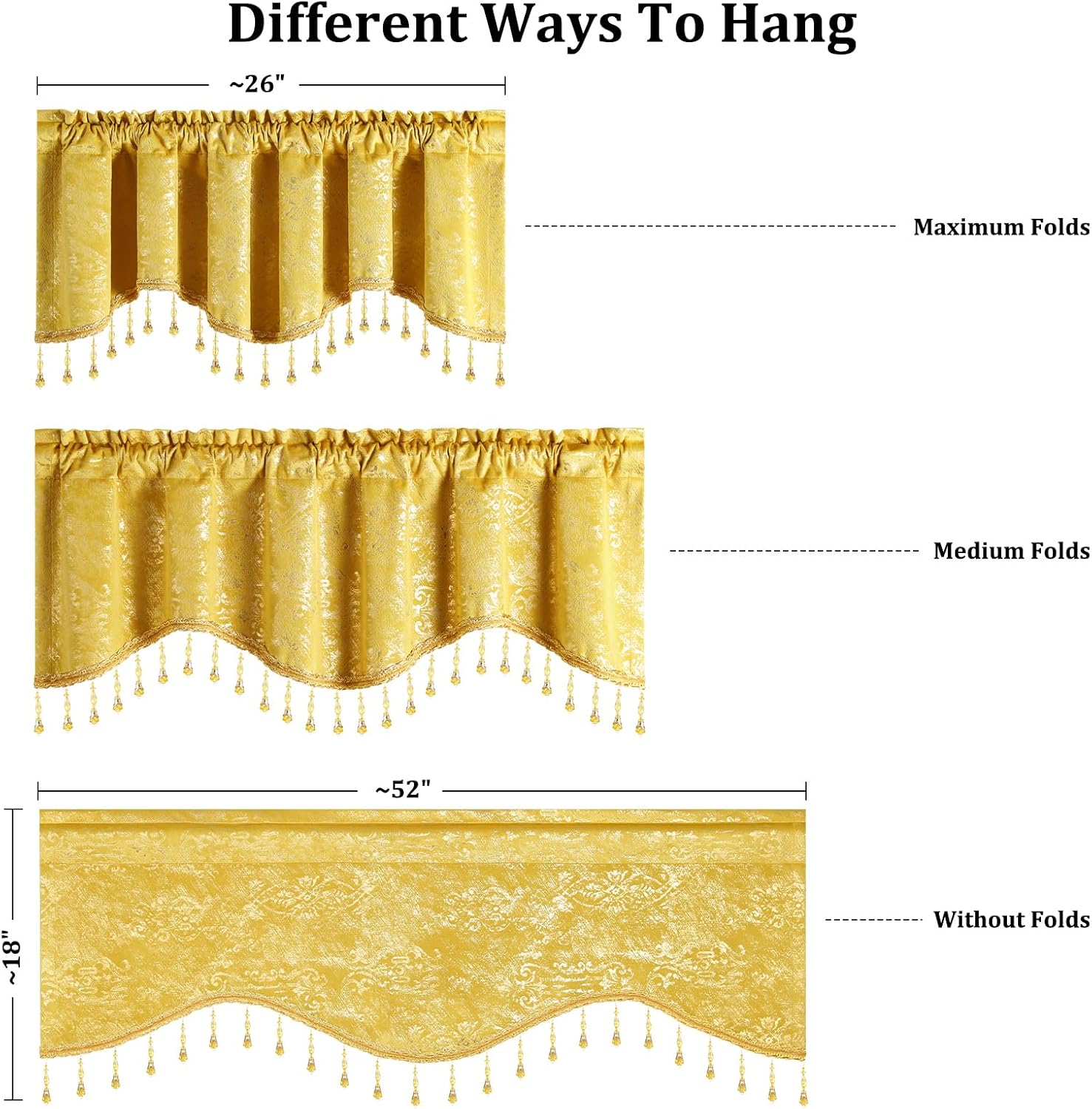Leeva Velvet Valances for Windows, Foil Print Curtain Topper for Bedroom, Rod Pocket Decoration Window Valance Swag Curtains, 52" x 18", 1 Panel, Yellow