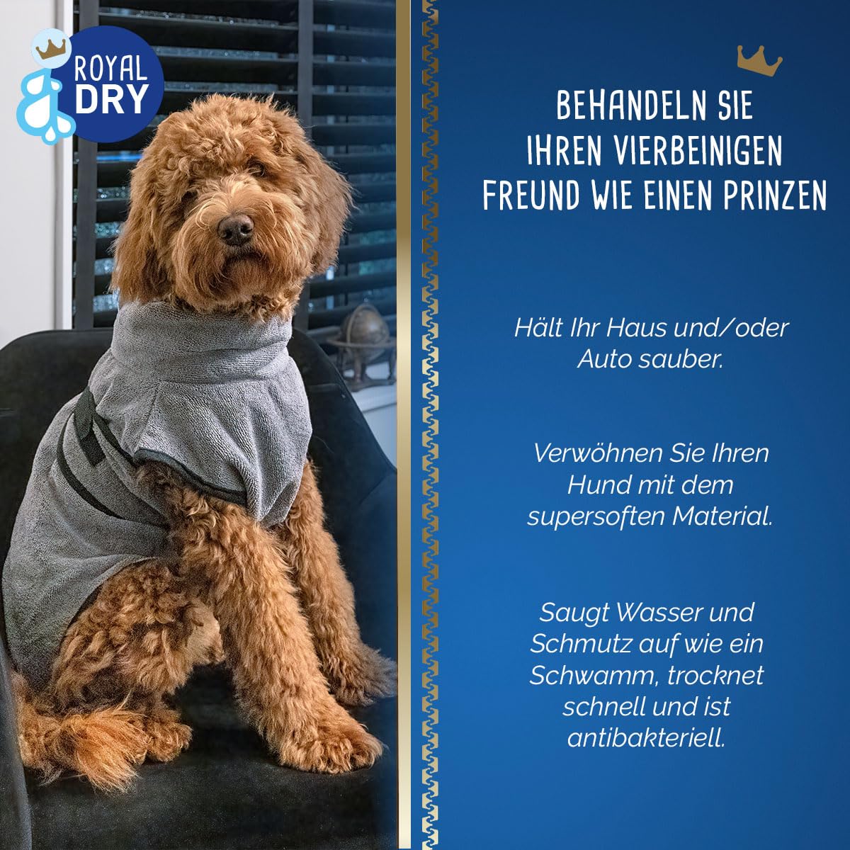 Bademantel Hund XL - Rückenlänge 70-80 cm - Hundehandtuch - Mikrofase - Hundebademantel für große Hunde - Schnell Trocknendes mit Klettverschluss - Grau