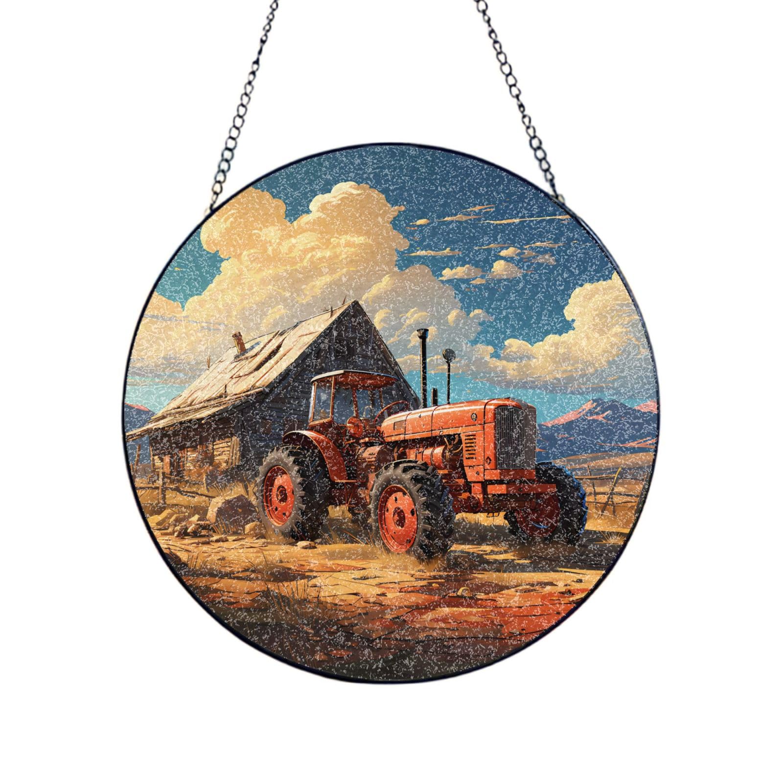 Poezjzw Stained Glass Window Hanging - Farm Red Tractor Sun Catcher For Door Garden Home Decor Christmas Mother'S Day Birthday Gifts 8in（20cm）