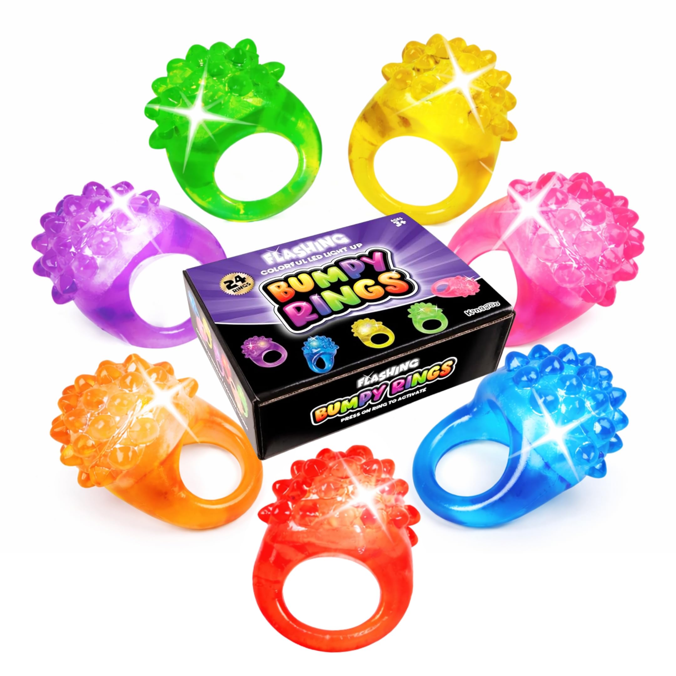 Kangaroo 24 Pack LED Light up Rings for Kids Bulk - Flashing Colorful LED Finger Lights Party Favors for Fun - Glow in the Dark Bumpy Blinky Rings for