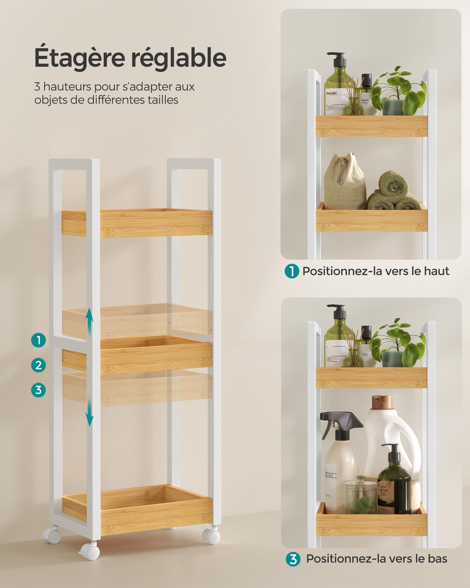 SONGMICS Chariot de Salle de Bain, Étagère Mince de Salle de Bains, Chariot de Rangement à 3 Niveaux sur roulettes, Bambou, Gain de Place, 20 x 30 x 80 cm, Blanc et Couleur Boisée BCB083N02