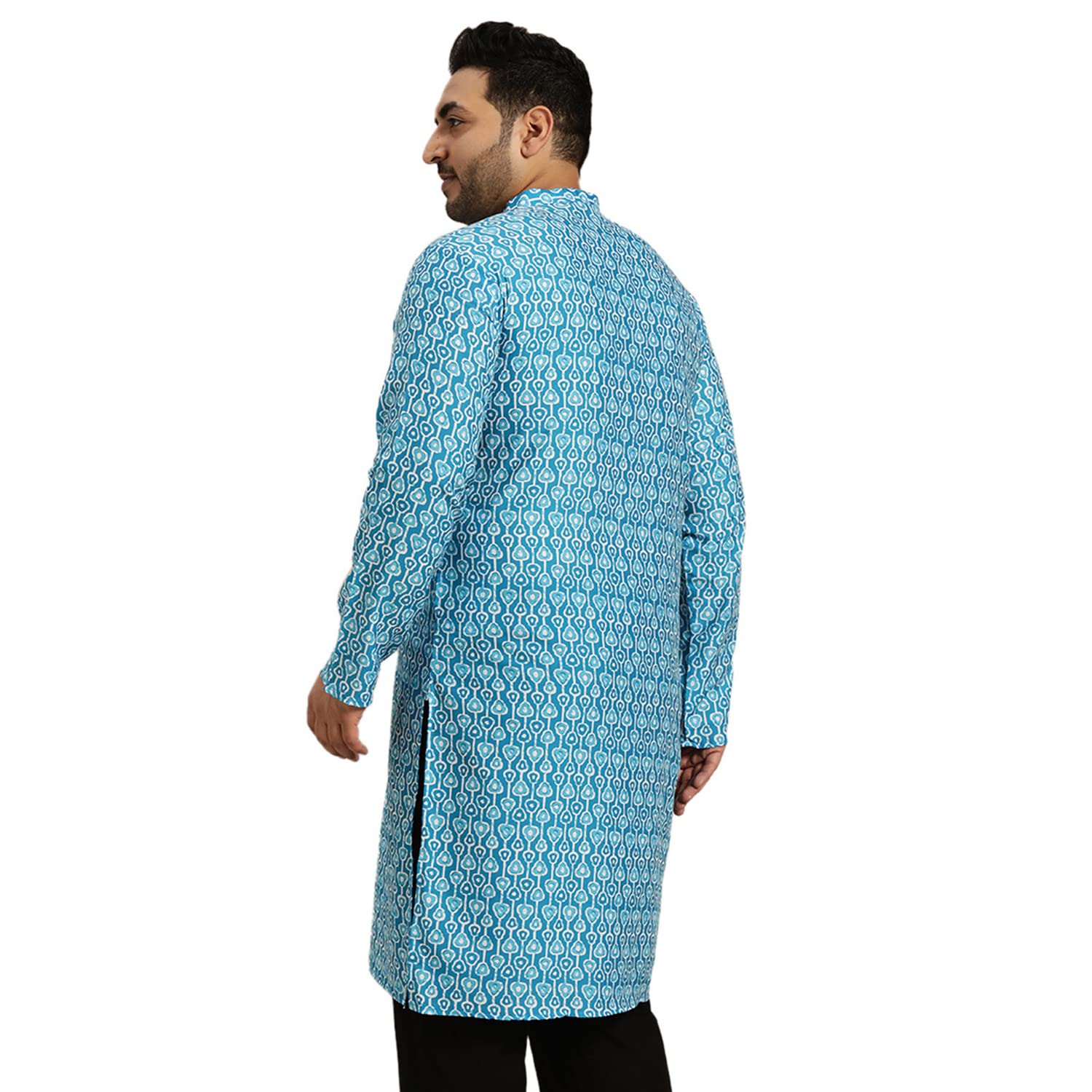 Sojanya Plus (Since 1958) Men's Cotton Turquoise Blue And White Printed Only Long Kurta
