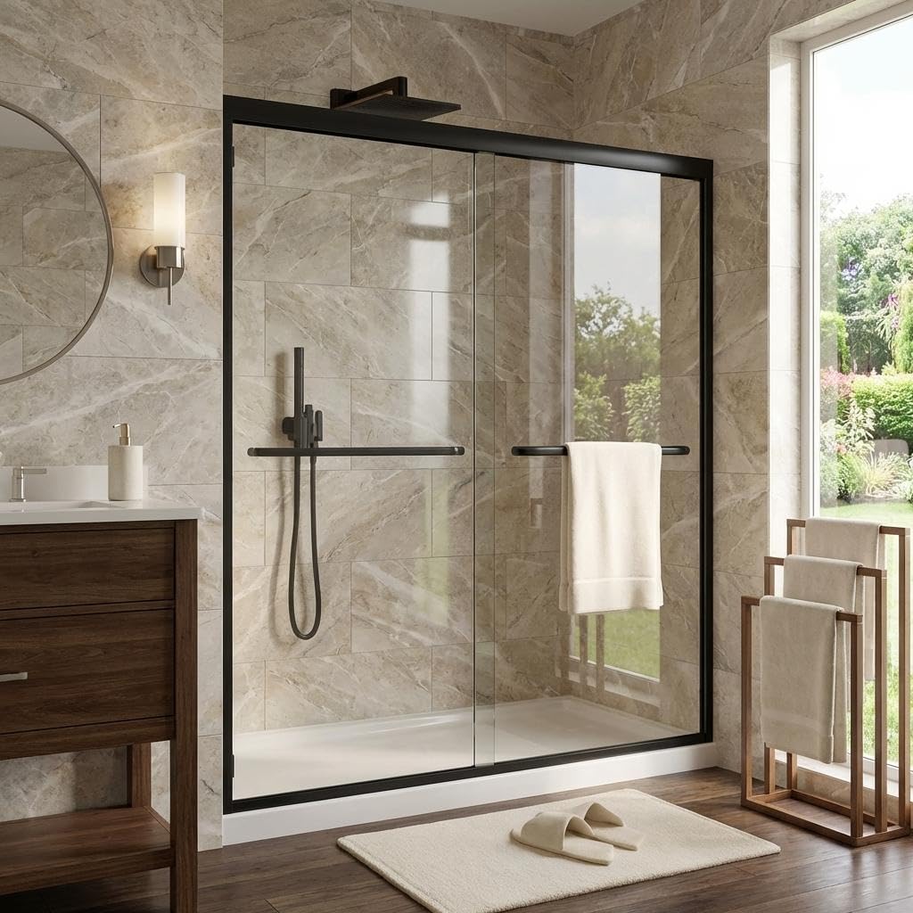 56-60" W x 72" H Sliding Shower Door, 8mm Tempered Glass with Square Rail, Double Sliding Design, Easy-Clean &amp; Smooth Glide for Bathroom Remodel, Matte Black