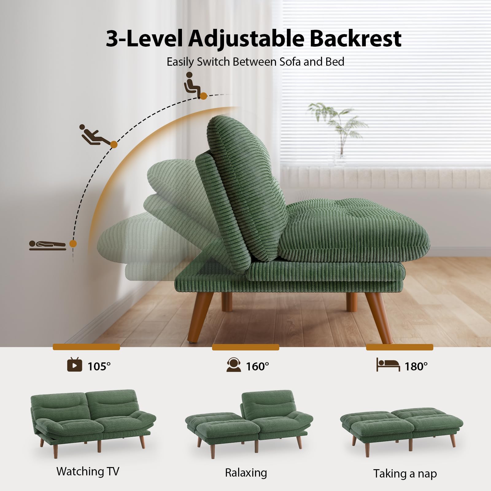 Pipishell 75" Convertible Futon Sofa Bed with Adjustable Armrests, Green | 3-in-1 Sofa, Recliner and Bed, 3-Position Adjustable Backrests, 5-Level Adjustable Armrests, Corduroy Fabric, Small Space Use