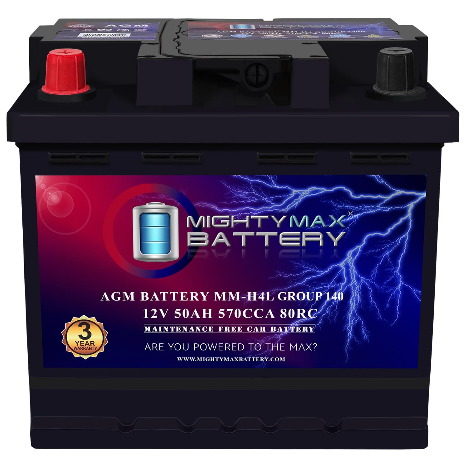 Batería Mighty Max MM H4L con arranque y parada, grupo BCI, tamaño 140, terminal positivo en el lado izquierdo, 12 V, 50 AH, 80 RC, 570 CCA, AGM recargable para automóvil