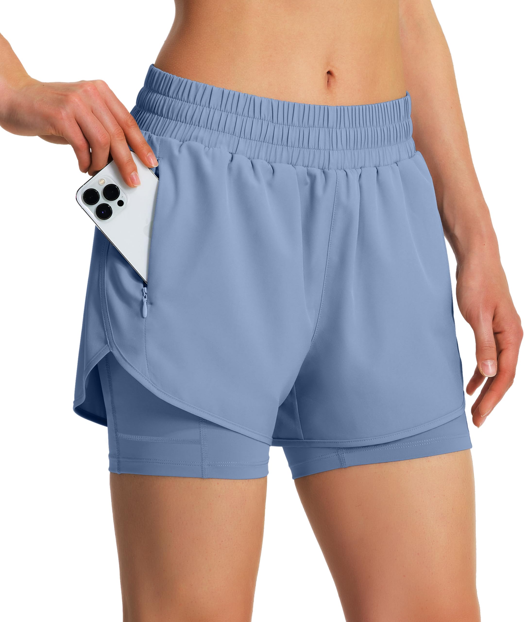 Ksmien Women's 2 in 1 Running Shorts Quick Dry Athletic Gym Workout Shorts with Liner Phone Pockets