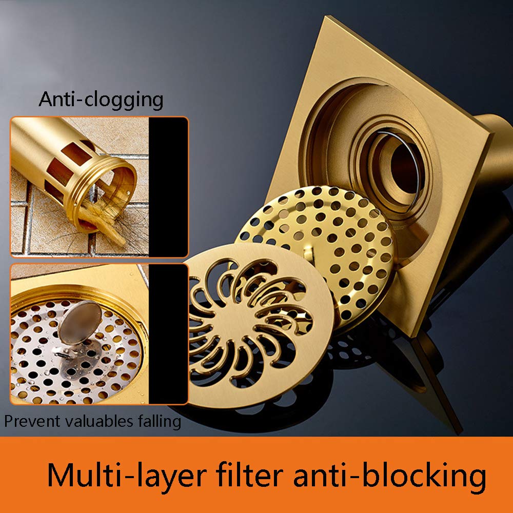 Duschablauf Messing 4 Zoll Quadrat Duschrinne mit Haarsieb Bodensiphon Duschablauf Gitter Bodenbefestigung Ablaufrinne für Badezimmer,Rose Gold
