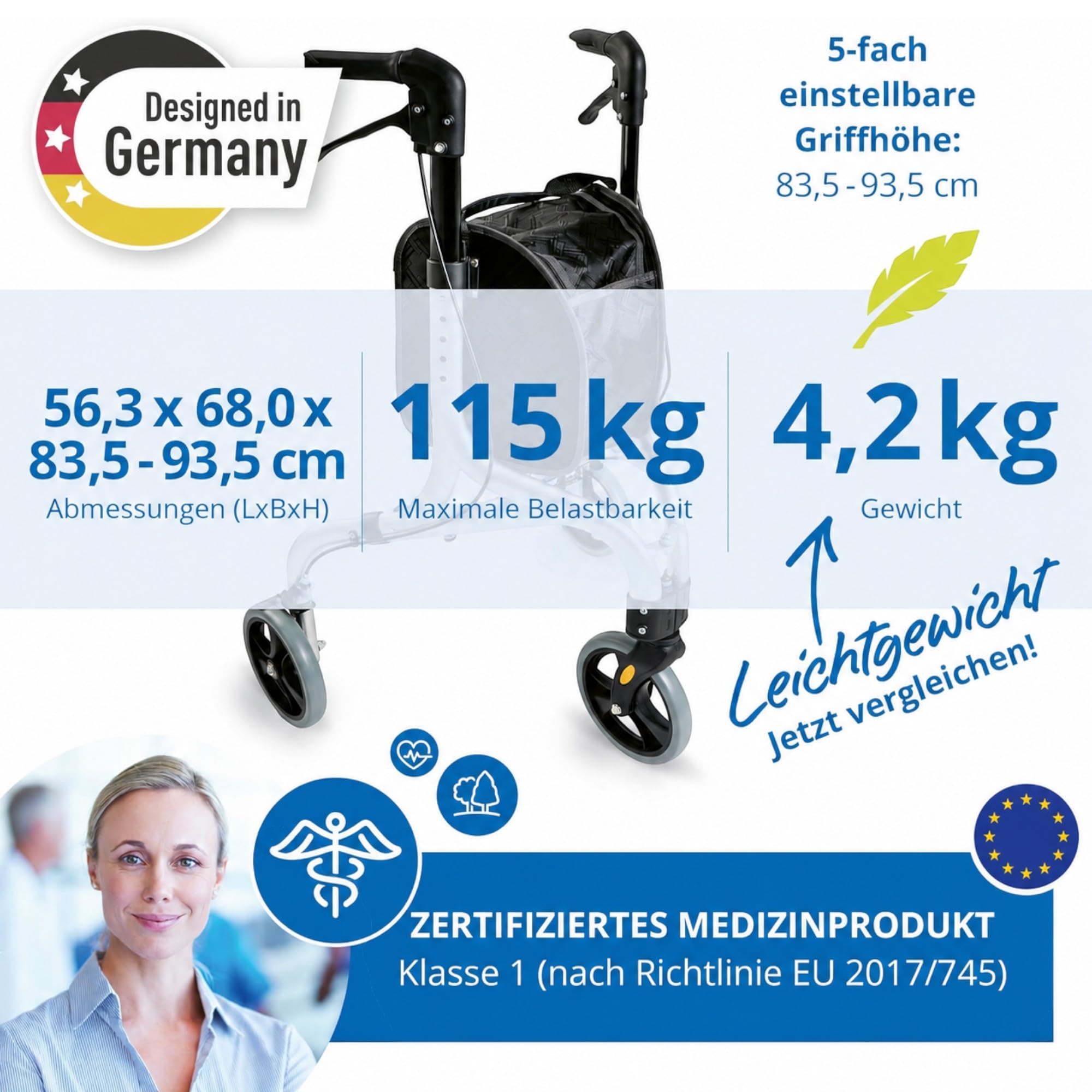 Weinberger 3 Rad Rollator faltbar & leicht, 4,2 kg | 68 cm breit, Tasche | Wendiger & höhenverstellbarer Indoor & Outdoor Dreiradrollator für Senioren | Gehhilfe, Laufhilfe
