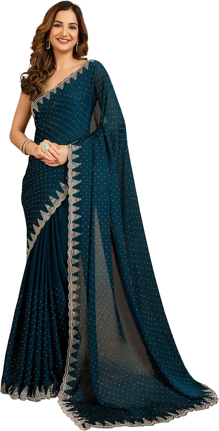 TRENDMALLS Women's Satin Siroski Zarkan Work Saree with Unstitched Blouse Piece