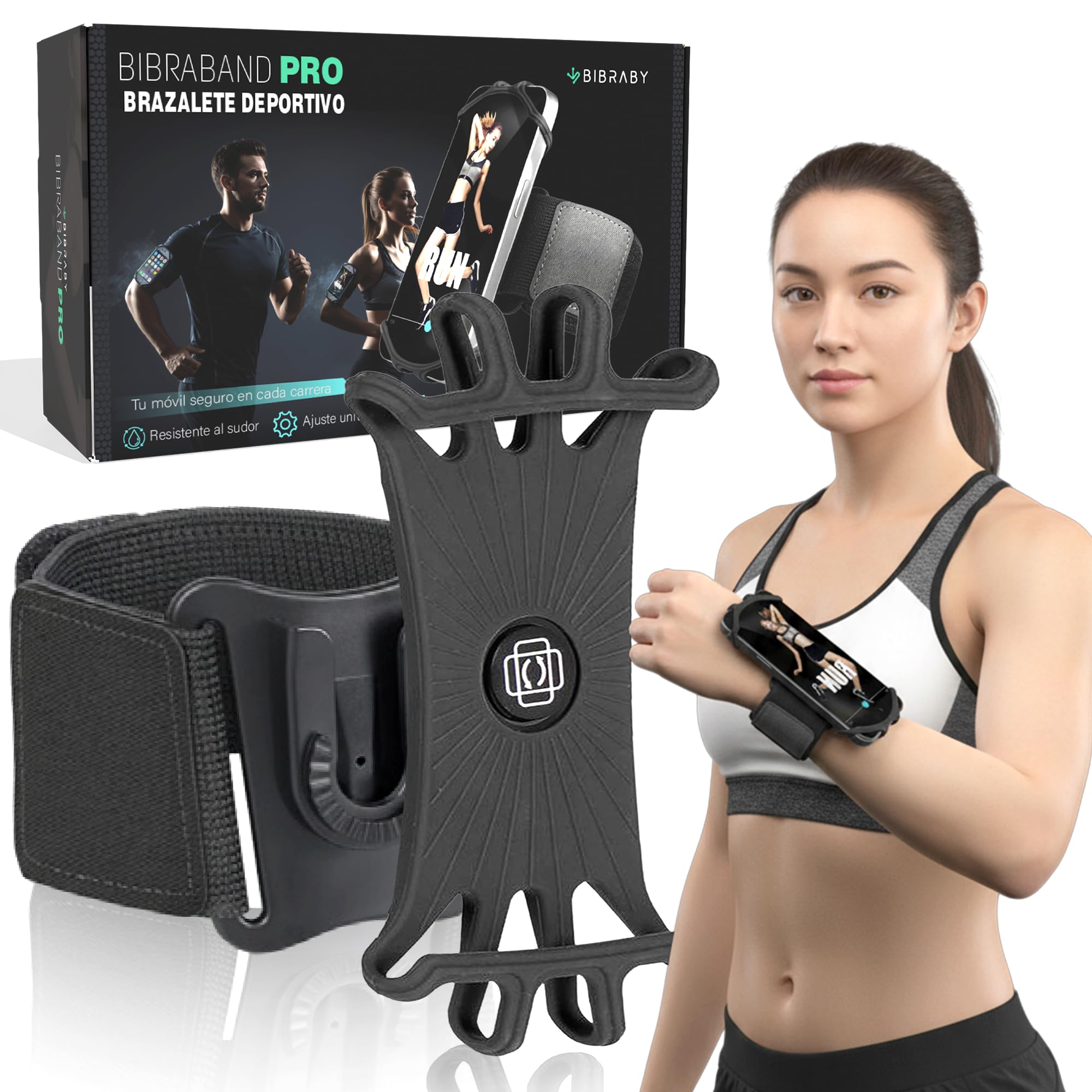 BIBRABY Super Brazalete móvil en Funcionamiento Running | Soporte Universal para movil Ajustable a Brazo y muñeca | Accesorios Antideslizantes | Correr Caminar Gimnasio | Phones hasta 7'' (Negro) - 2