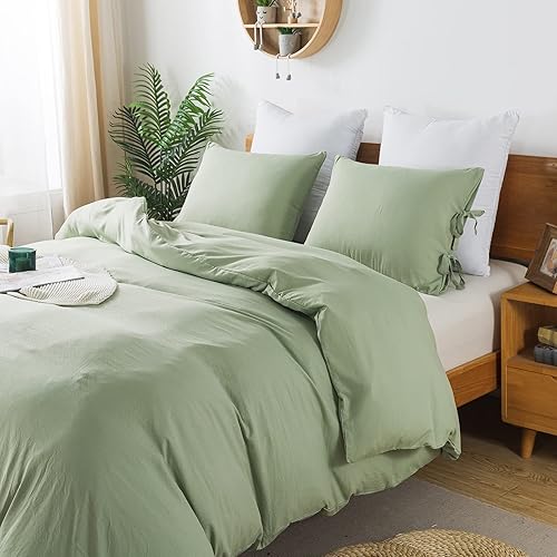 Miniatura 3 de Caressma Juego de funda de edredón bohemia con flecos y pompones, tamaño Queen, microfibra lavada suave, 3 piezas, funda de edredón verde salvia
