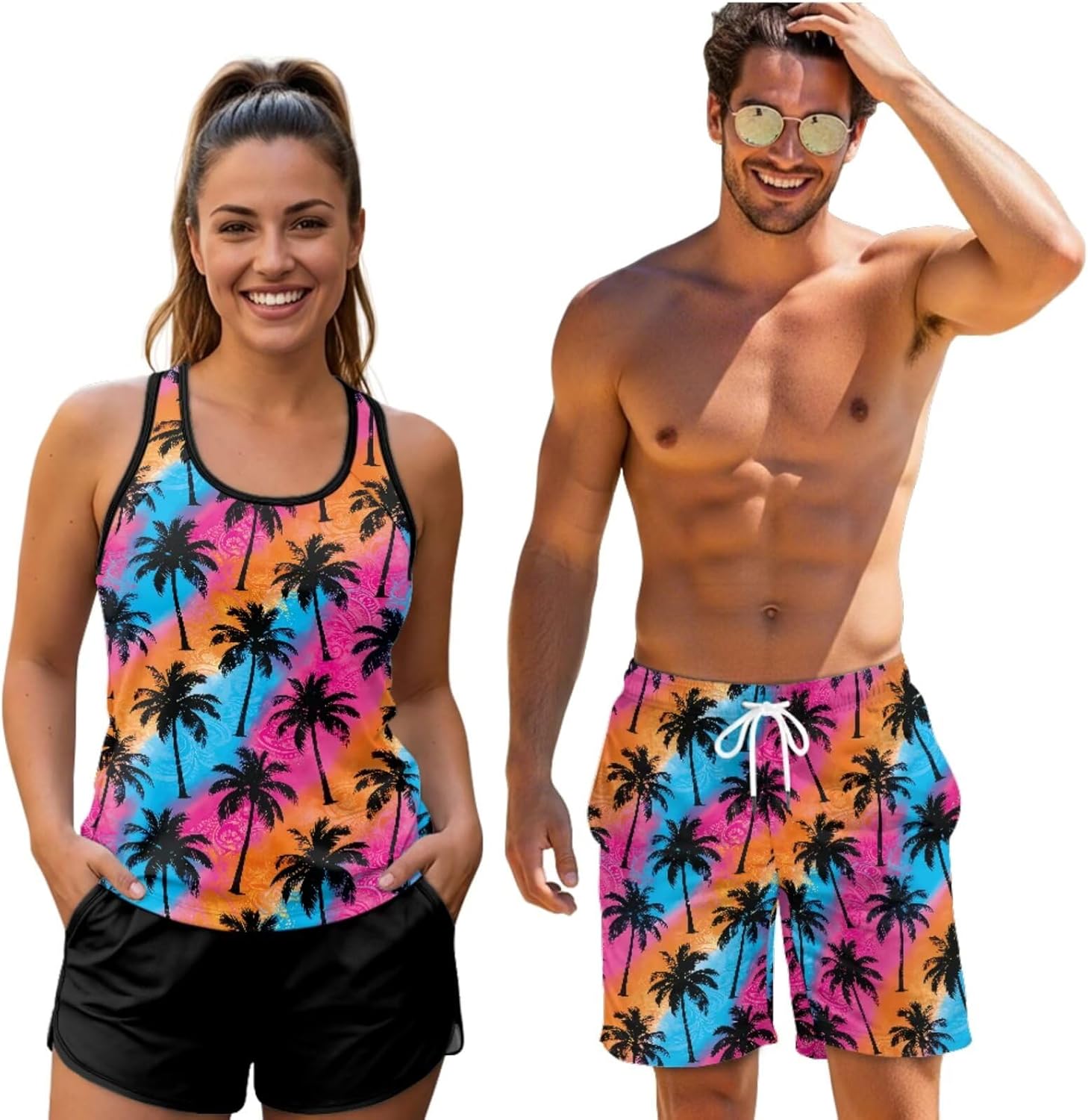 Couples Swimwear Matching Set, 2 Piece Womens Tankini Sets or Men's Shorts Boardshorts, Summer Beach Bathing Suit