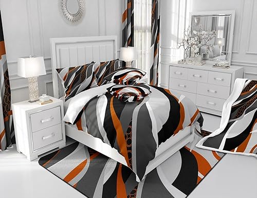 Miniatura 6 de Manfei Sábana bajera ajustable gris naranja tamaño matrimonial, funda de cama circular de rayas onduladas abstractas con 2 fundas de almohada, juego