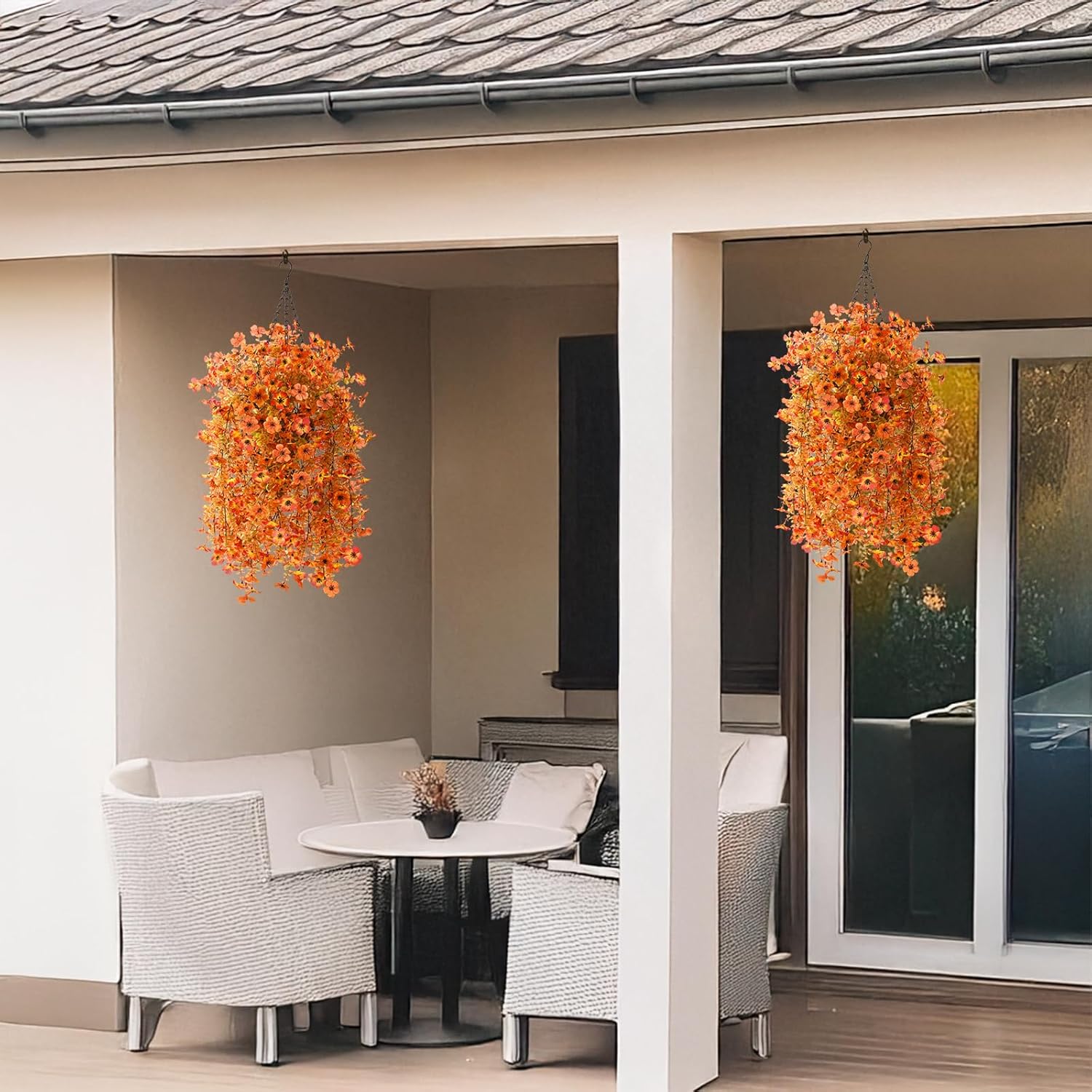 Homsunny Artificial Fall Flowers for Outdoors Fake Flowers UV Resistant 2PCS Fall Mums Flowers for Home Patio Balcony Yard Porch, Orange and Sunset Red - Image 6