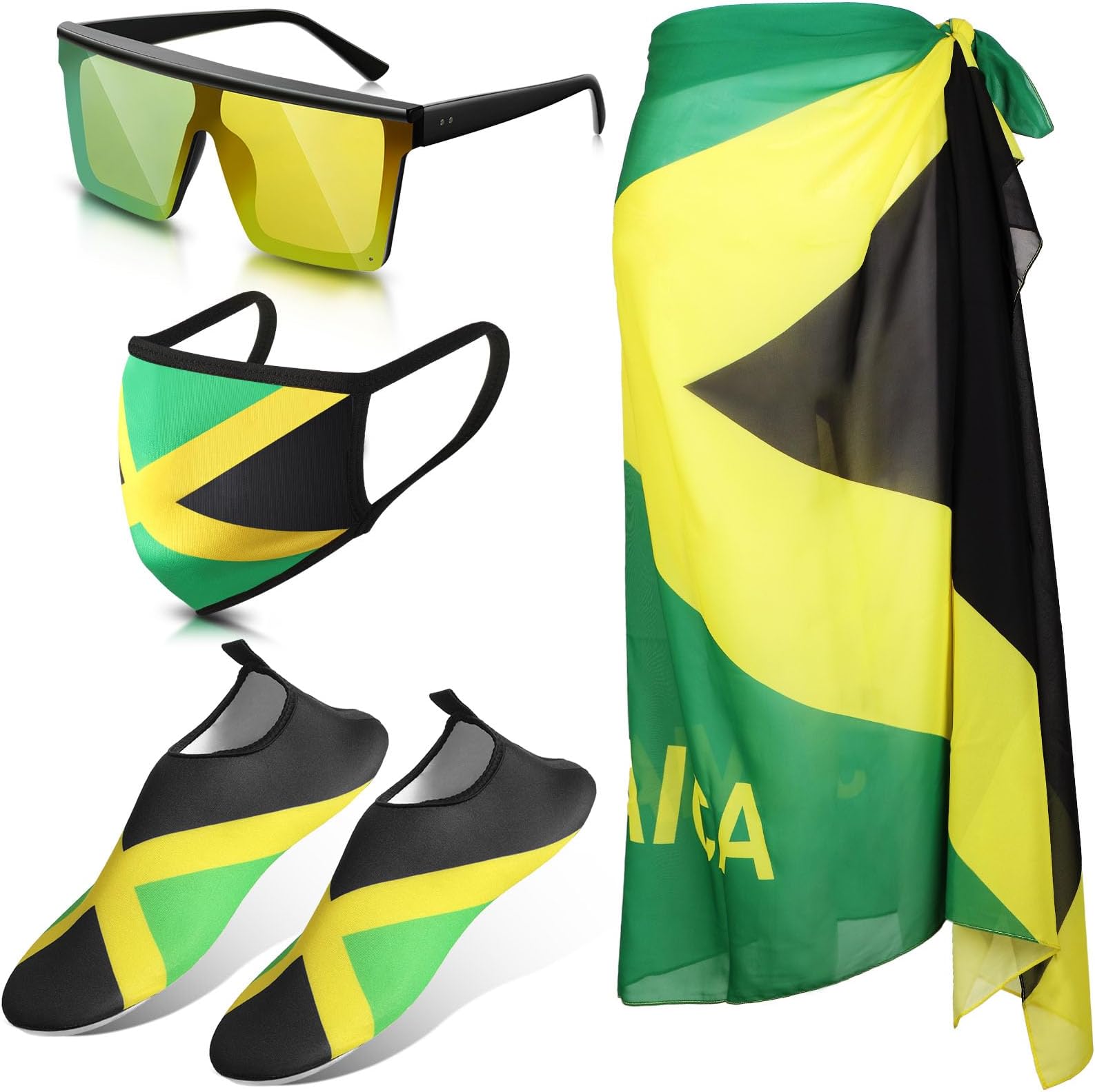 Yahenda4 PCS Women's Jamaican Swimsuit Black Sarong Set With Water Shoe, Mask, Sunglasses