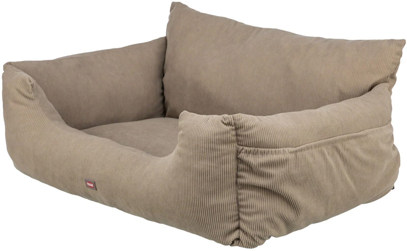 Trixie Asiento de Coche Doble para Perros, 80 x 35 x 60 cm, Color Topo - Cuna de Viaje 2 en 1 con Sistema de Fijación al Vehículo, Cojín Acolchado de Pana y Base Antideslizante