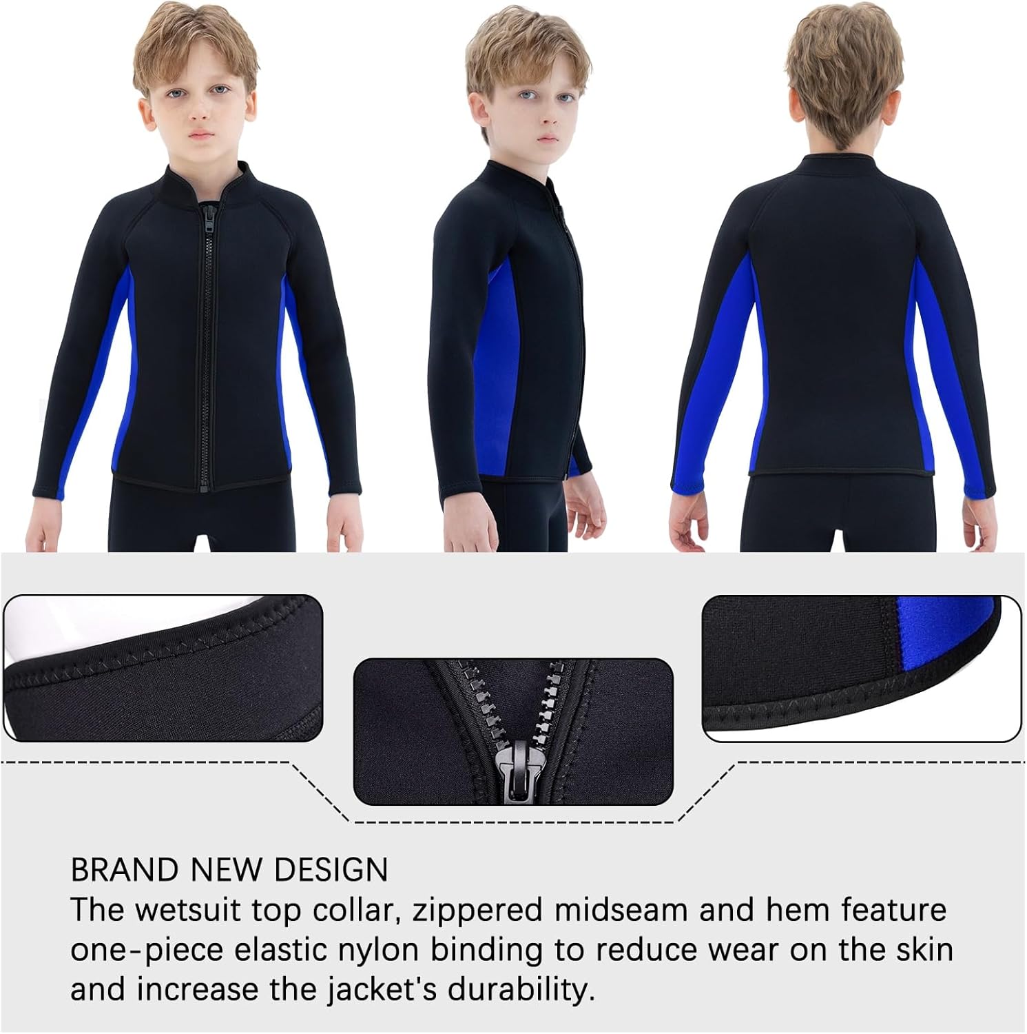Kids Wetsuit Top Jacket for Boys Girls Toddler Youth, Children's Wet Suit Shirt Neoprene 3mm Long Sleeve Front Zipper Swimsuit for Swimming Surfing Dive Snorkeling Water Sports