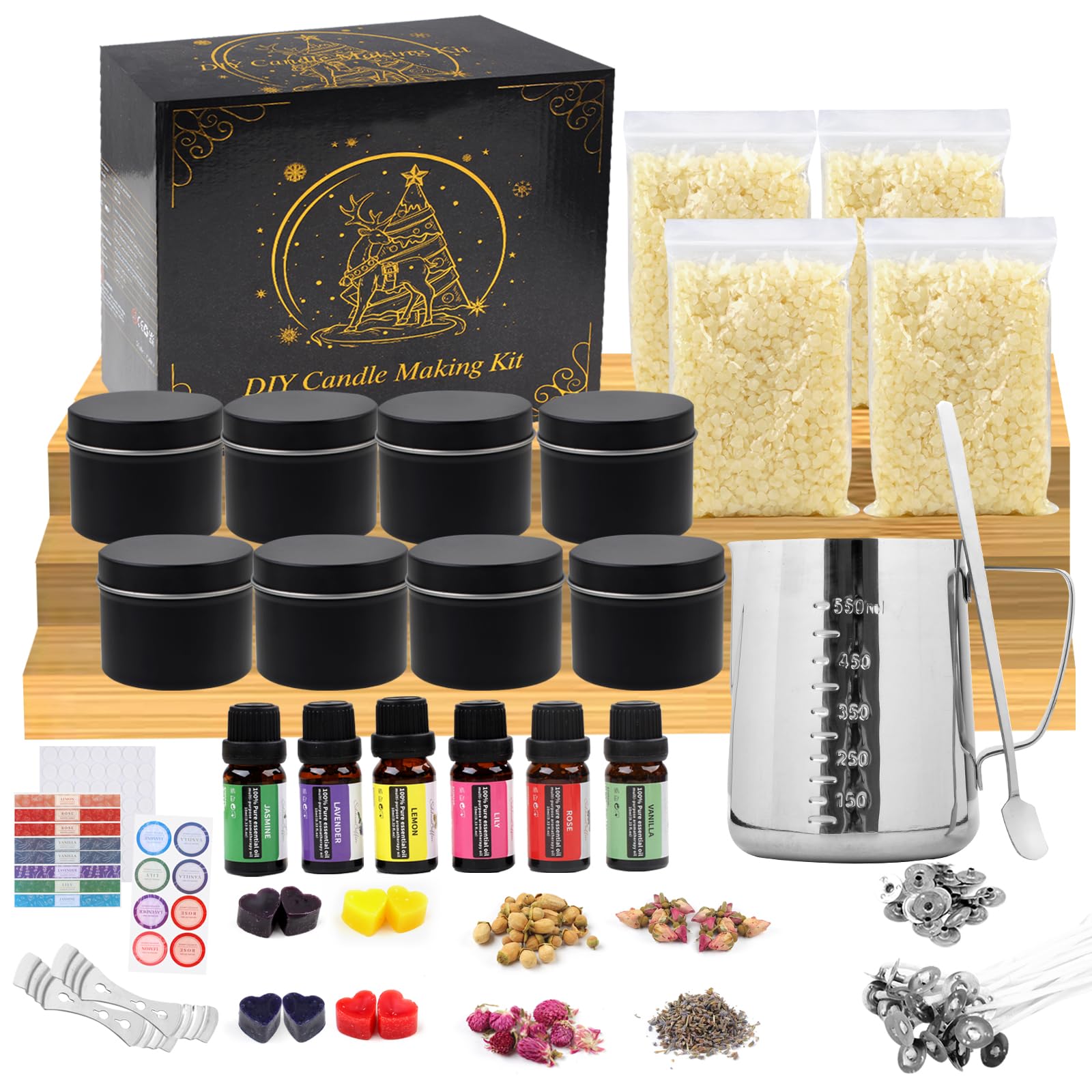 TEPENAR DIY Kerzenherstellung Kit – Kerzen Selber Machen Set mit Sojawachs, Kerzendosen (Schwarz), Dochthaltern, Bienenwachs & Schmelztopf – Duftkerzen Geschenk für Anfänger