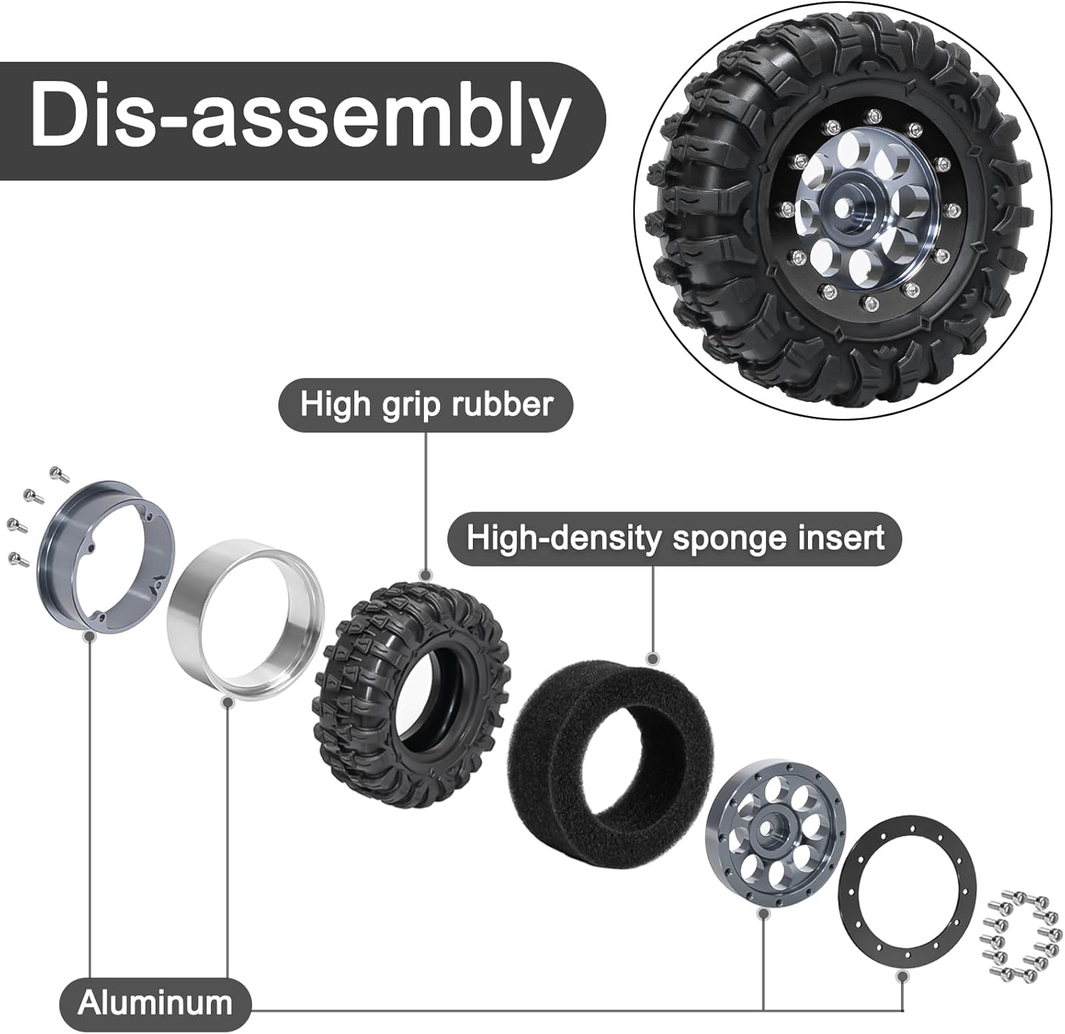 LRFHL 1.3" Beadlock Wheel Tires Aluminum 1.3 Beadlock Wheels and Tires Upgraded 1.45-inch Wheel for 1/24 SCX24 1/18 TRX4M RC Crawler Car Upgrade (4PCS)