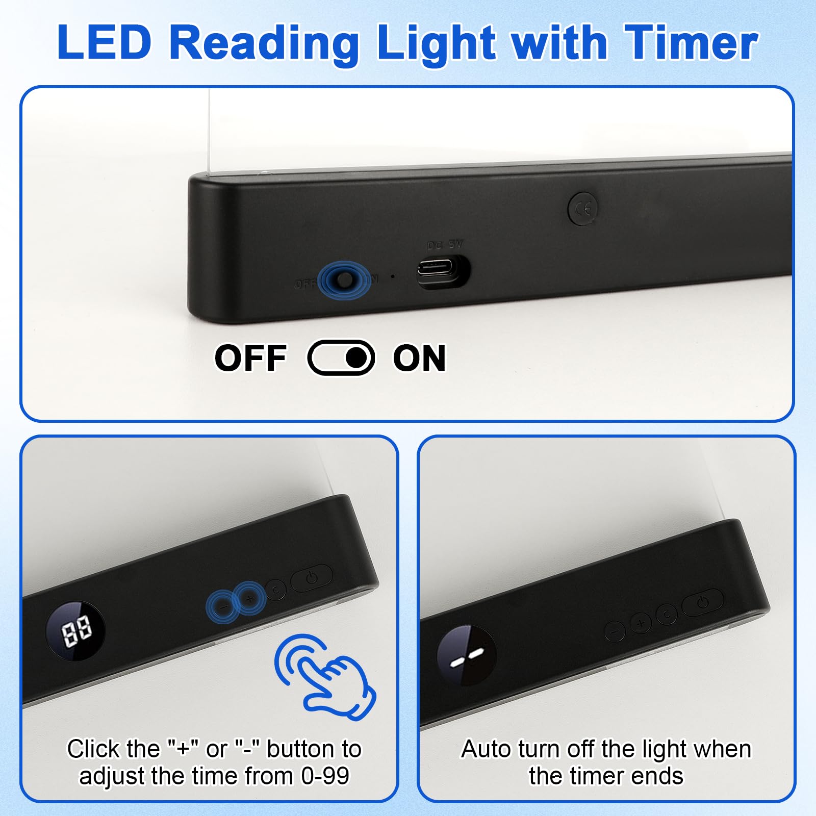 Intelligentes flaches Buchlicht, wiederaufladbar, klare LED-Leselampe mit 3 Farben und Timer, dimmbare Ganzseiten-Lampe, Leselichter für Bücher, Augenschutz für Kinder, zum Lesen bei Nacht im Bett