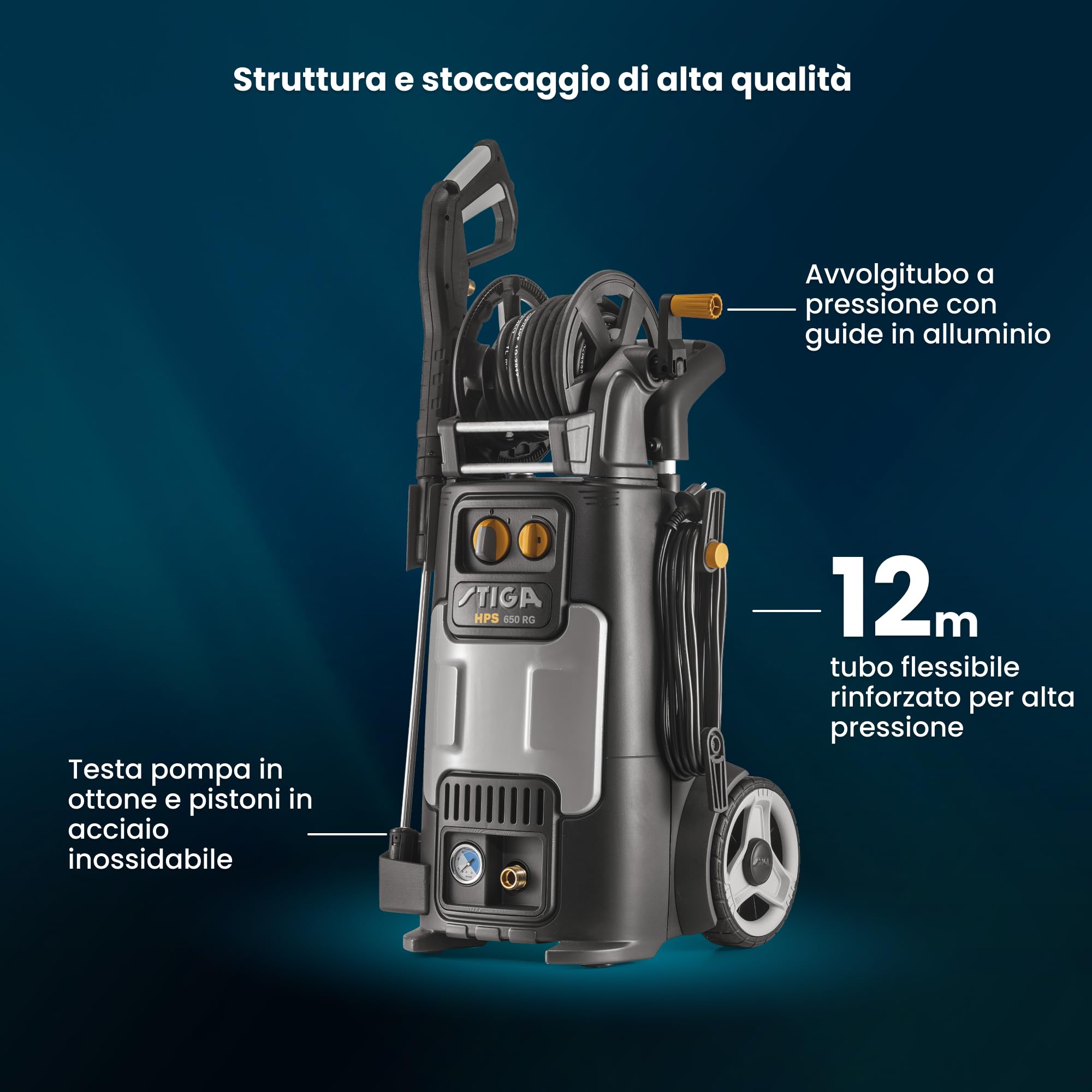 STIGA HPS 650 RG Idropulitrice Ad Alta Pressione, 2800 W, 150 bar, 550 l/h – Avvolgitubo Integr., Manico Telescopico – Pulizia Veicoli, Cortili E Piscine