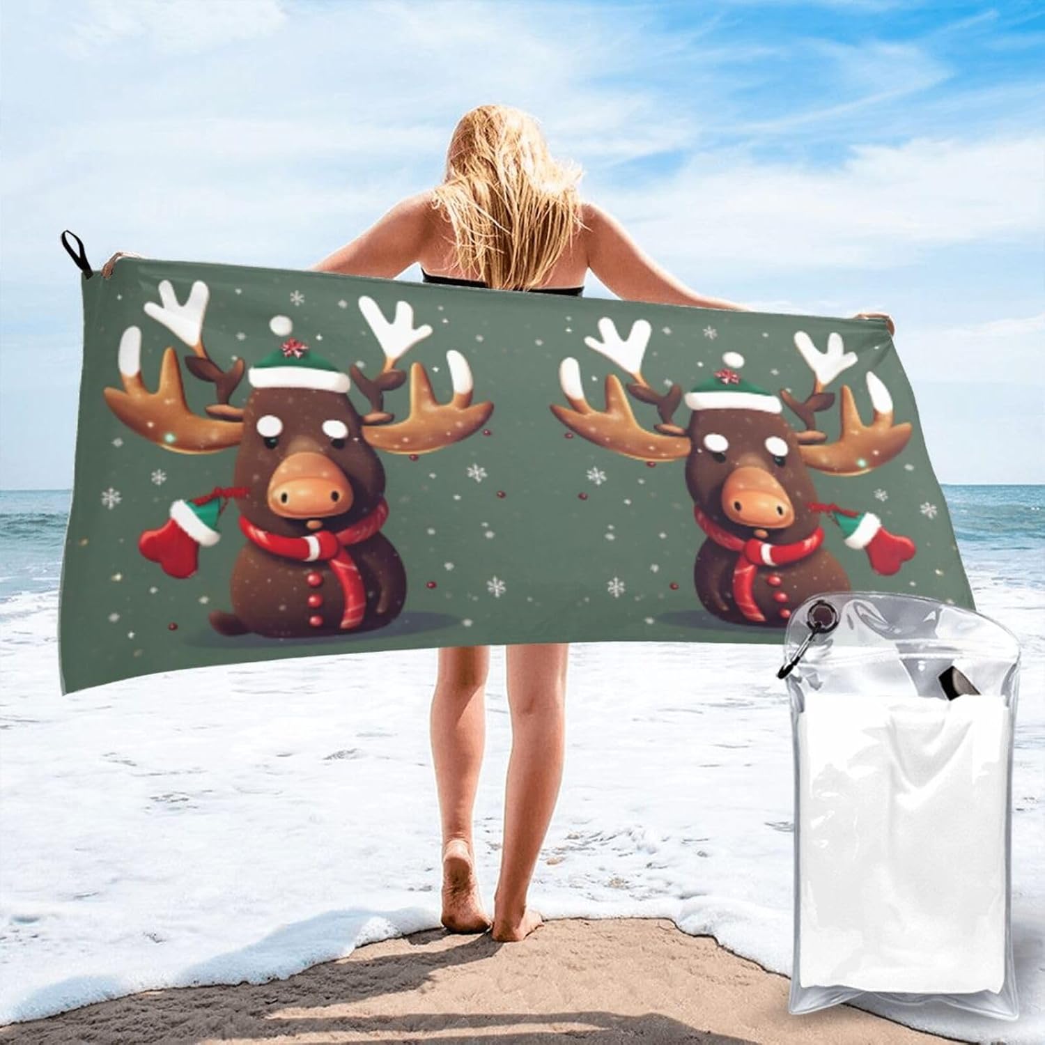 Funny Christmas Moose Head Quick Drying Bath Towel,Microfibre Soft Large Bath Towel,Highly Absorbent Dry Quickly Bath Sheet