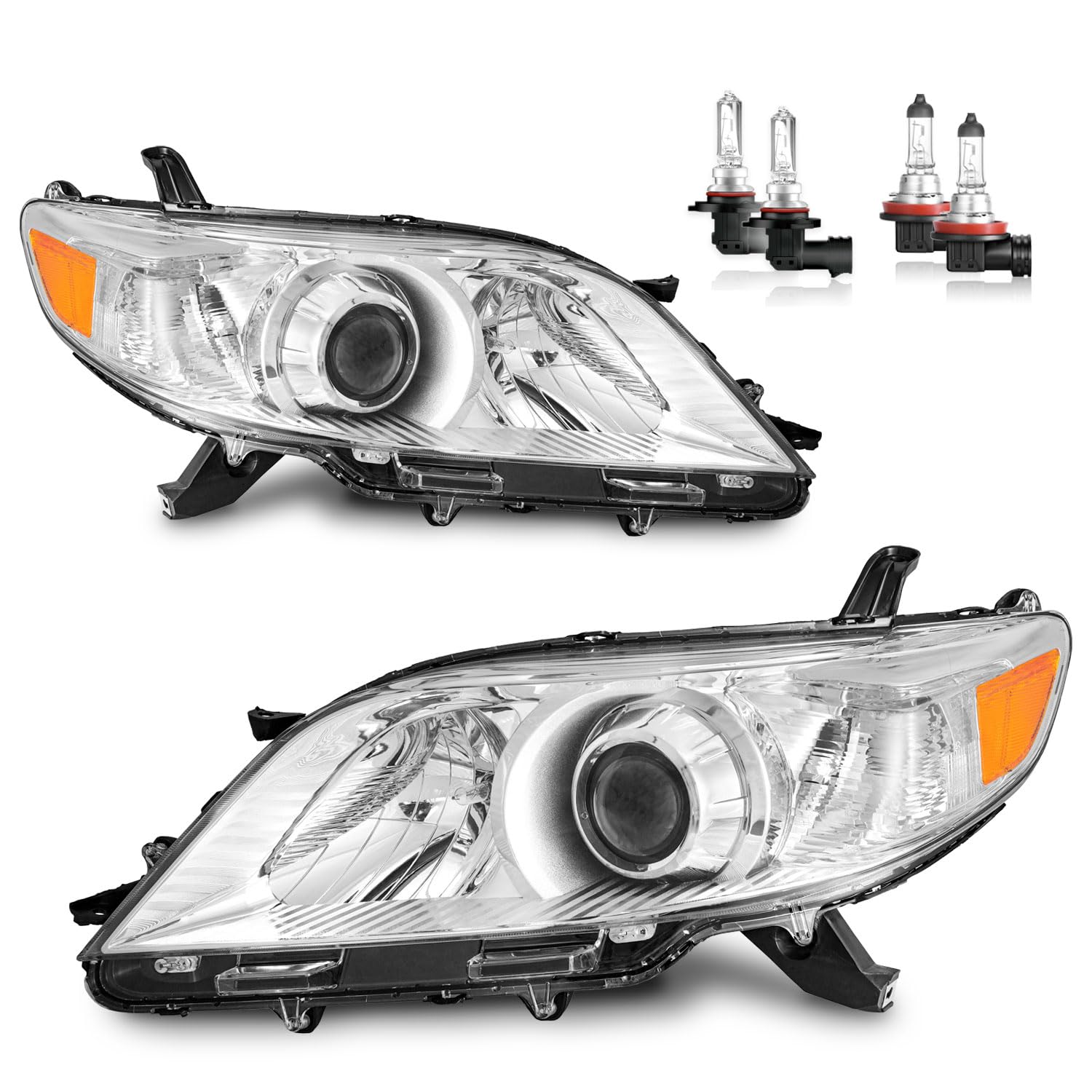 Headlights Assembly for 2011-2020 Toyota Sienna Headlamp Replacement with Amber Corner Lamps, Halogen, Driver & Passenger Side with Bulbs