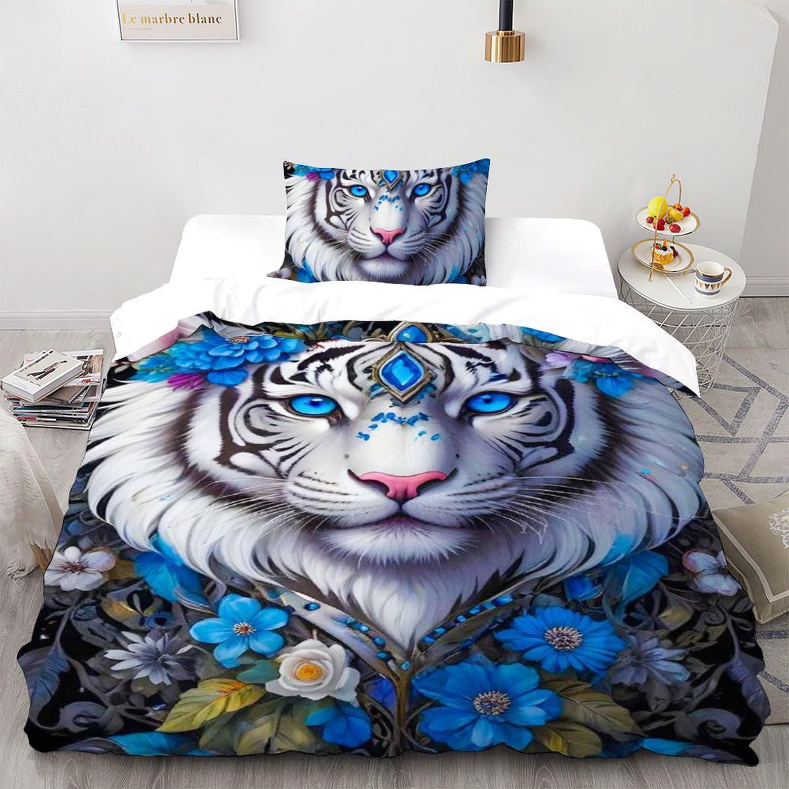Parure 100% coton douceur absolue imprimé 3D tigre blanc 135x200
