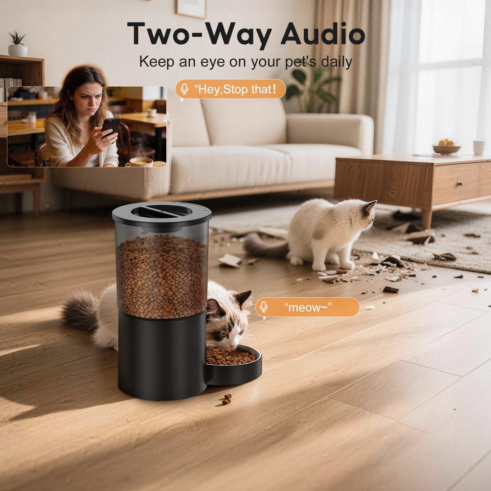 Automatic Cat Feeder with Camera,WiFi Cat Food Dispenser with App Control,1080P HD Video,Two-Way Audio, Transparent 4.2L Food Container (Black) - image 6