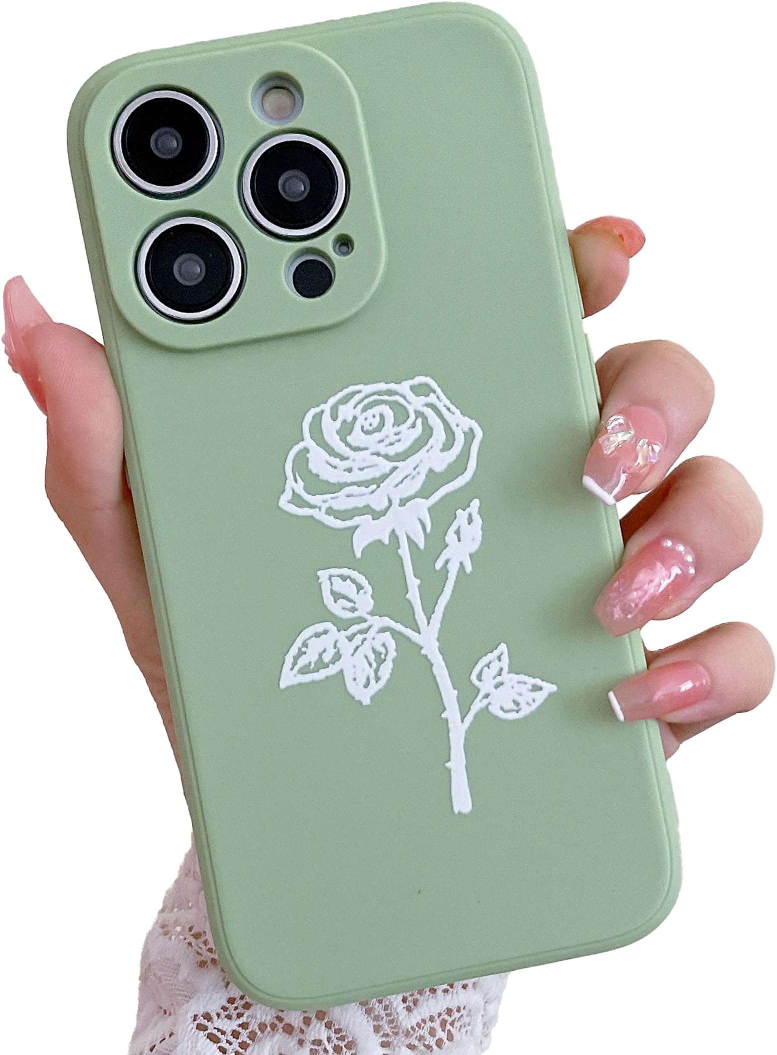 YIKUSO Compatible with iPhone 14 Pro Case Silicone Gel Rubber Phone Cases, Cover 6.1 Inch Full Body Soft Protective Rose Flower Case Cute for Women（Matcha Green）