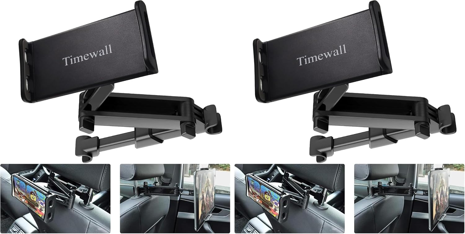 Timewall Car Headrest Tablet Phone Mount, Black, 5-11" (Pack of 2)