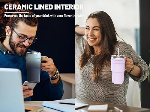 Miniatura 6 de Zukro Vaso aislado con forro de cerámica de 20 onzas con asa y popote para un sabor puro de café, taza de viaje reutilizable con tapa a prueba de