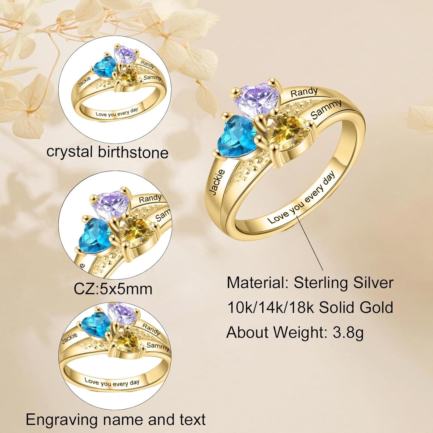 10k 14k 18k Real Gold Birthstone Rings Mother's Ring With Names Personalized 3 Birthstones Rings for Women Real Gold Customized Name Rings for Mom Jewelry for Mothers Day Birthday