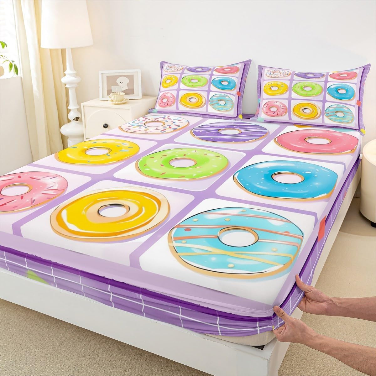 Girls Doughnut Bed Sheets Cute Sweet Dessert Fitted Sheet Full for Kids Boys Teens,Purple Geometric Patchwork Sheets Colorful Doughnuts Bed Set,Cute Room Decor Aesthetic