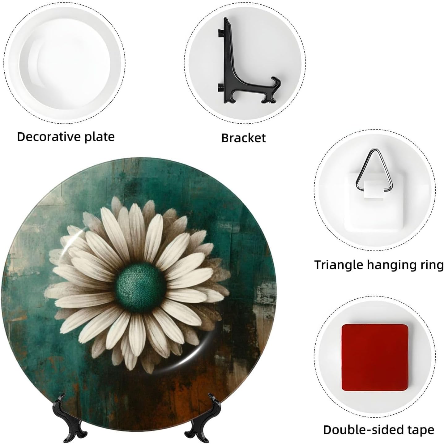 Modern-Geometric-Daisy 10 Inch Decorative Plate With Stand, Elegant Display Wall Plate For Home Decor