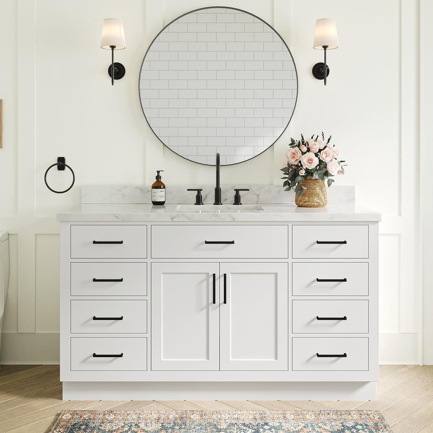 ariel hepburn bathroom vanity base cabinet 60" white, single sink configuration, 2 soft closing doors, 9 full extension dovetail drawers, toe kick, matte black