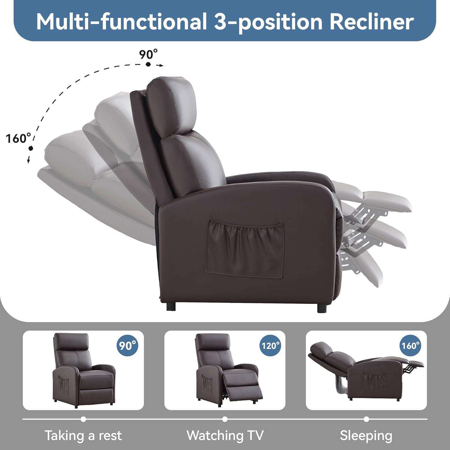 Push Back Recliner Chair, PU Leather Single Sofa with Lumbar Support, Padded Backrest, Side Pocket and Adjustable Leg Rest for Home Living Room Theatre (Brown)