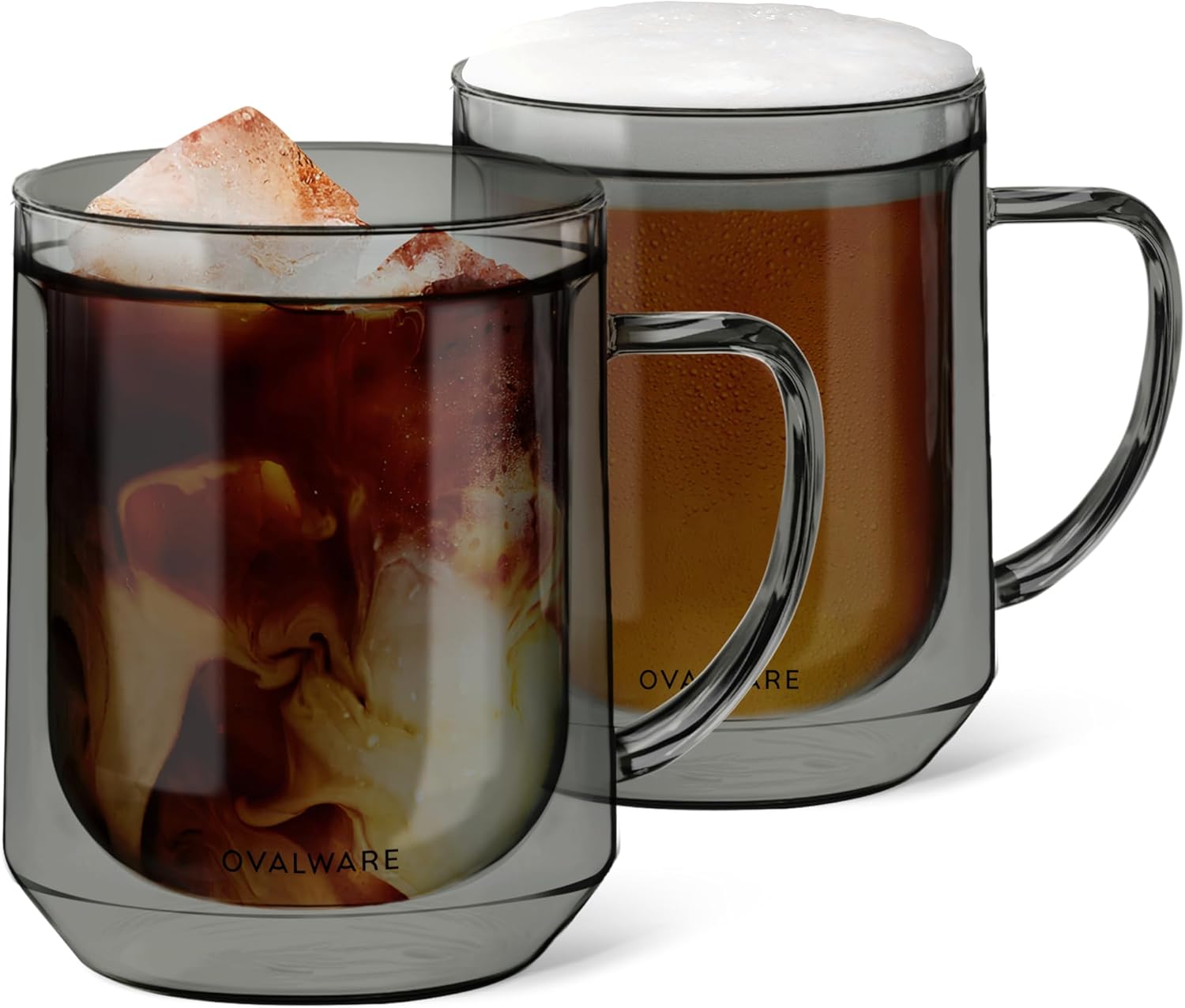 ovalware 500ml Double Wall Glass Coffee Mugs, Single Lip Mugs Made of Durable Borosilicate Glass, Insulated Coffee Mug with Handle for Hot and Cold Drinks - Stealth Gray